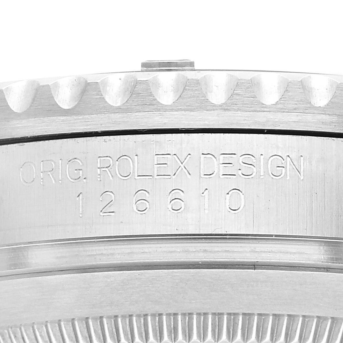 The image shows a close-up of the side of the Rolex Submariner 126610 Men
s Stainless Steel Black Dial 126610 Men
s Stainless Steel Black Dial model 126610, highlighting the engraved "ORIG. ROLEX DESIGN."