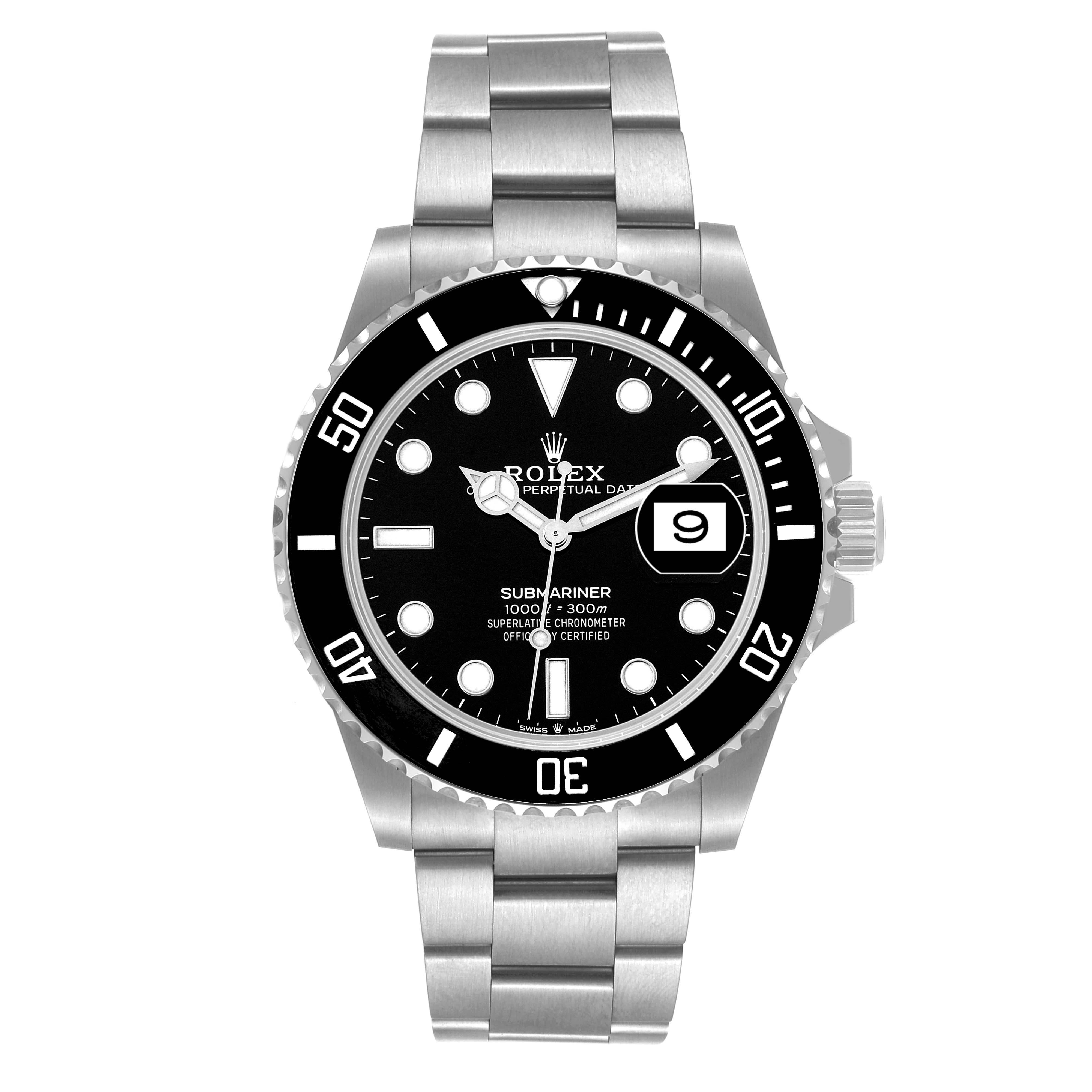 The image shows a Rolex Submariner 126610 Men
s Stainless Steel Black Dial 126610 Men
s Stainless Steel Black Dial watch from a front angle, highlighting the dial, bracelet, bezel, hands, and date window.