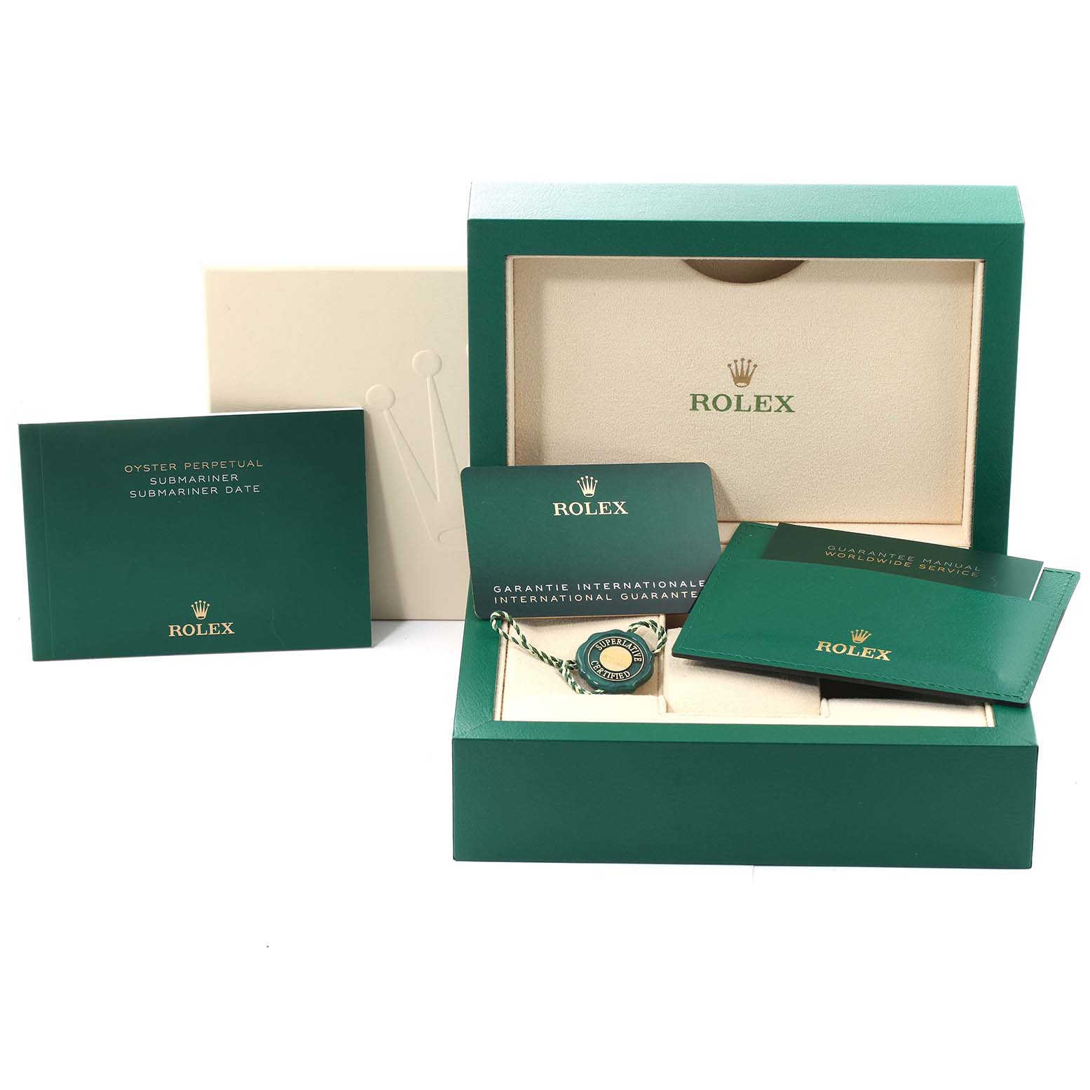 The image shows a Rolex Submariner 126610 Men
s Stainless Steel Black Dial 126610 Men
s Stainless Steel Black Dial watch box with a warranty card, manuals, and tags.