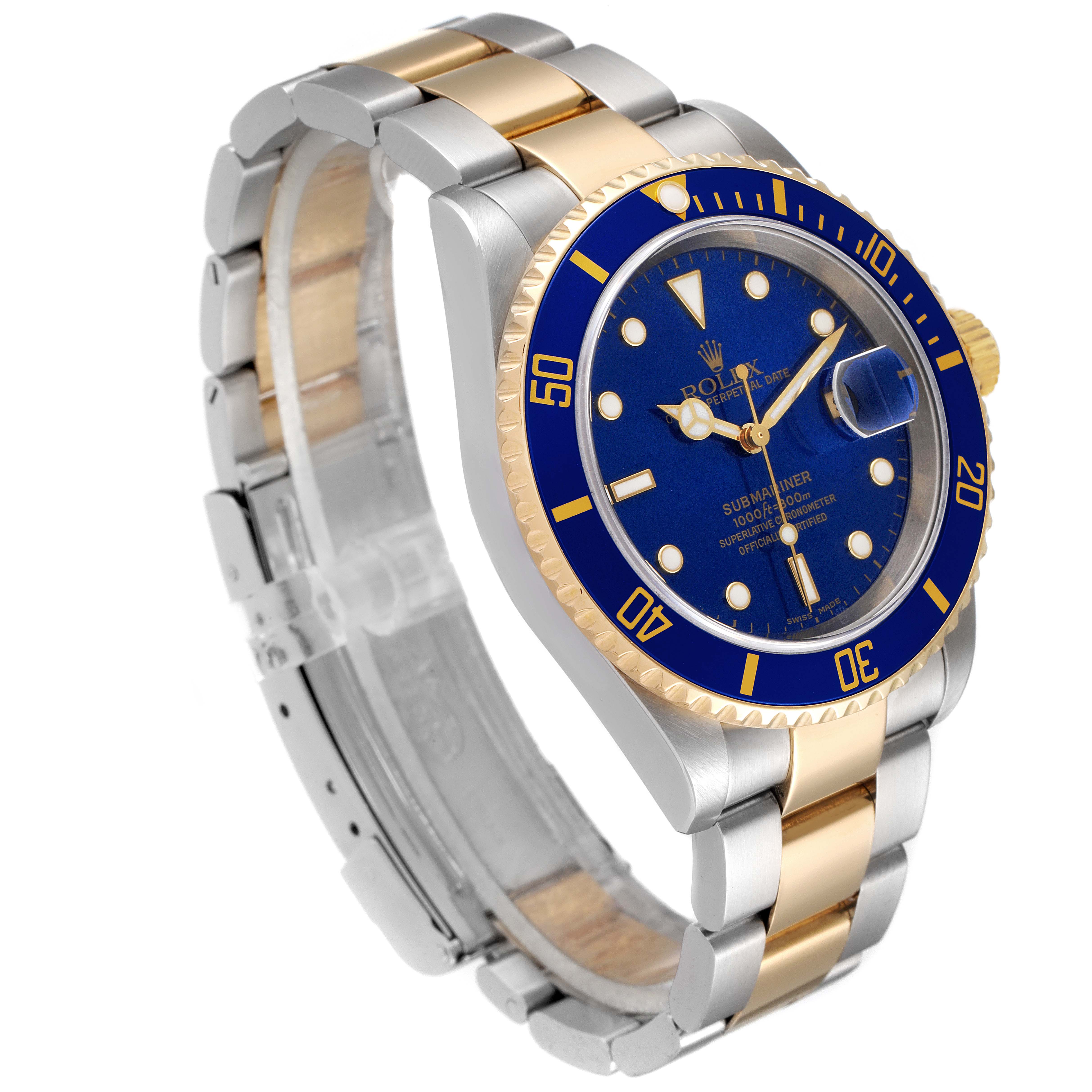 This image shows a Rolex Submariner 16613 Men
s Steel and Gold (two tone) Blue Dial 16613 Men
s Steel and Gold (two tone) Blue Dial watch at a three-quarter angle, highlighting its bezel, dial, and bracelet.
