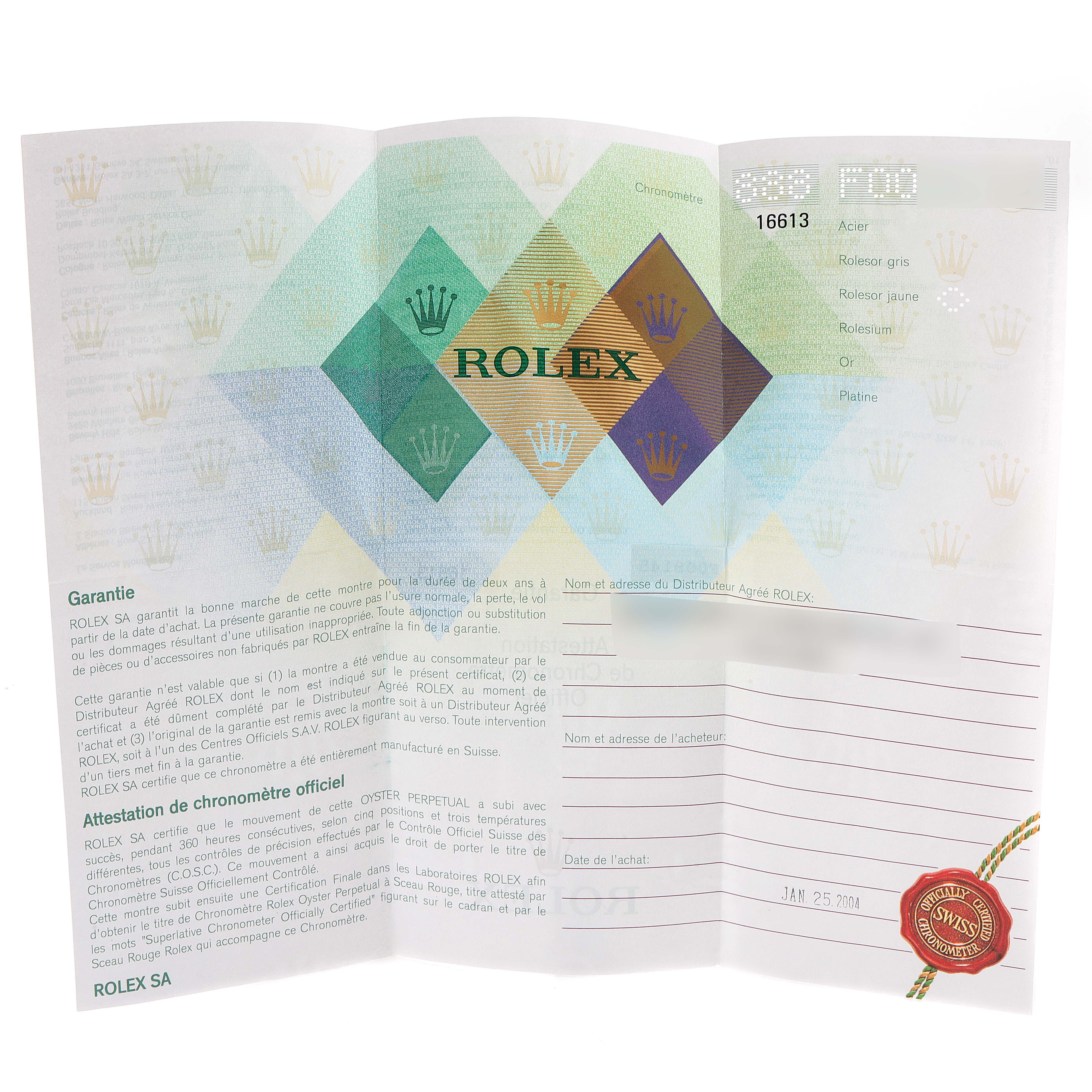 The image shows the warranty card and certification booklet for a Rolex Submariner 16613 Men
s Steel and Gold (two tone) Blue Dial 16613 Men
s Steel and Gold (two tone) Blue Dial watch.