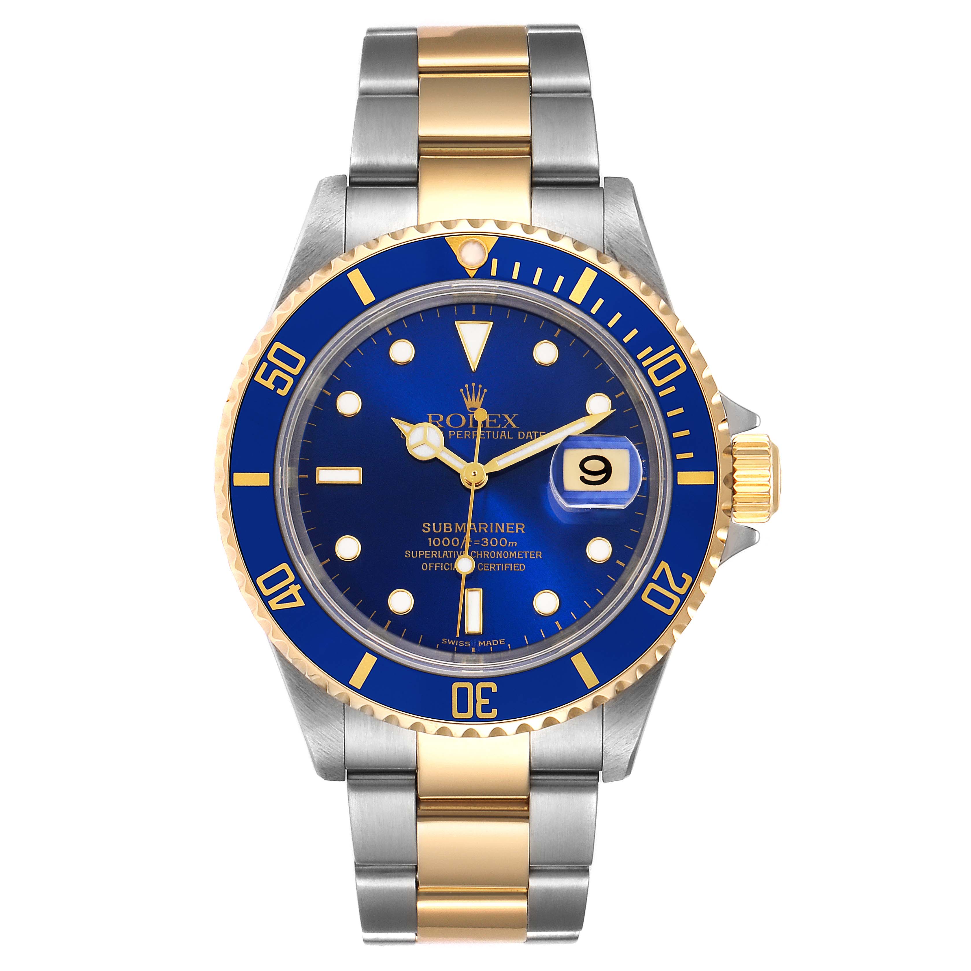 The Rolex Submariner 16613 Men
s Steel and Gold (two tone) Blue Dial 16613 Men
s Steel and Gold (two tone) Blue Dial watch is displayed from a front view, showing the dial, bezel, and bracelet.