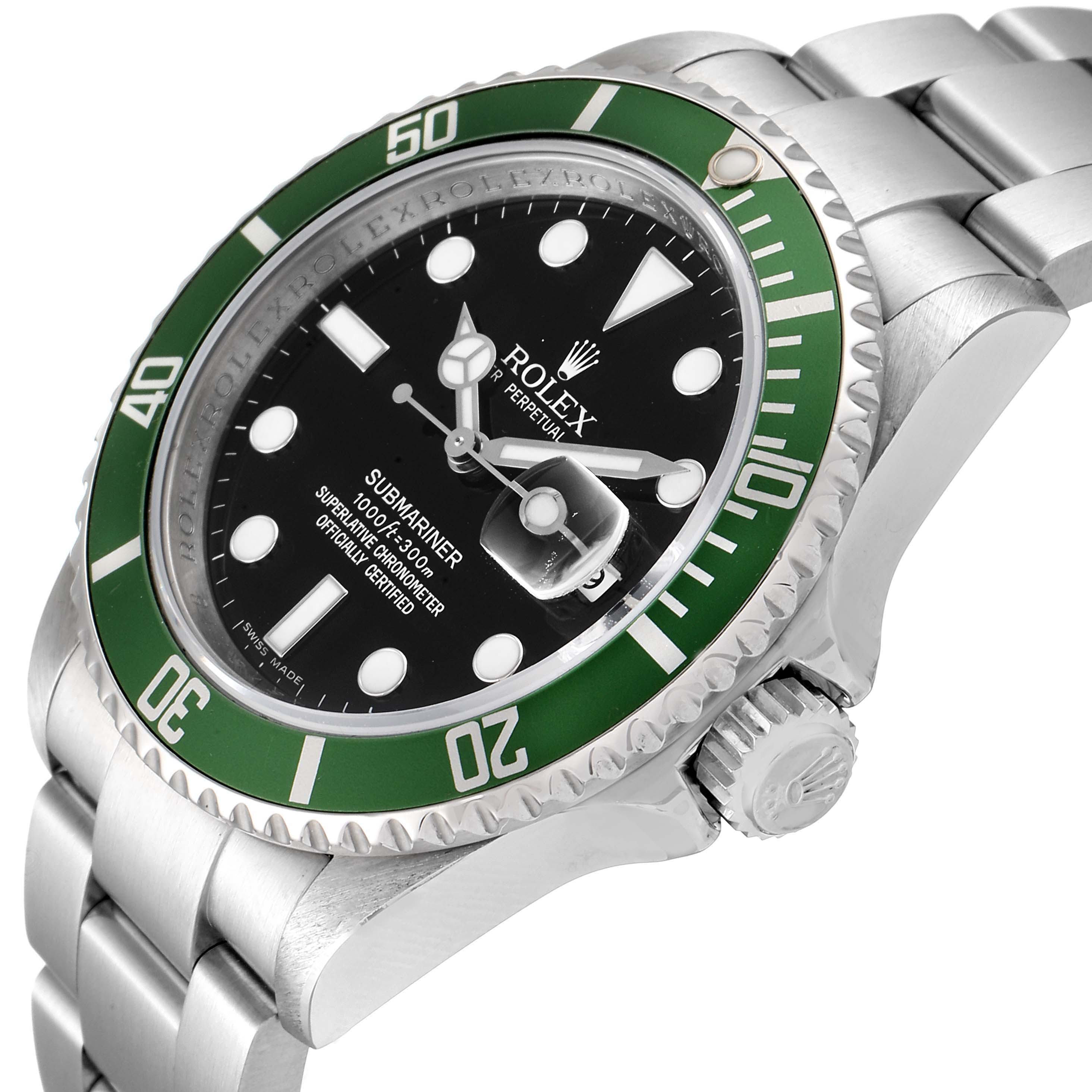 The image shows a close-up, angled view of a Rolex Submariner 16610LV Men's Stainless Steel Black Dial 16610LV Men's Stainless Steel Black Dial watch, highlighting the green bezel, black dial, and part of the bracelet.