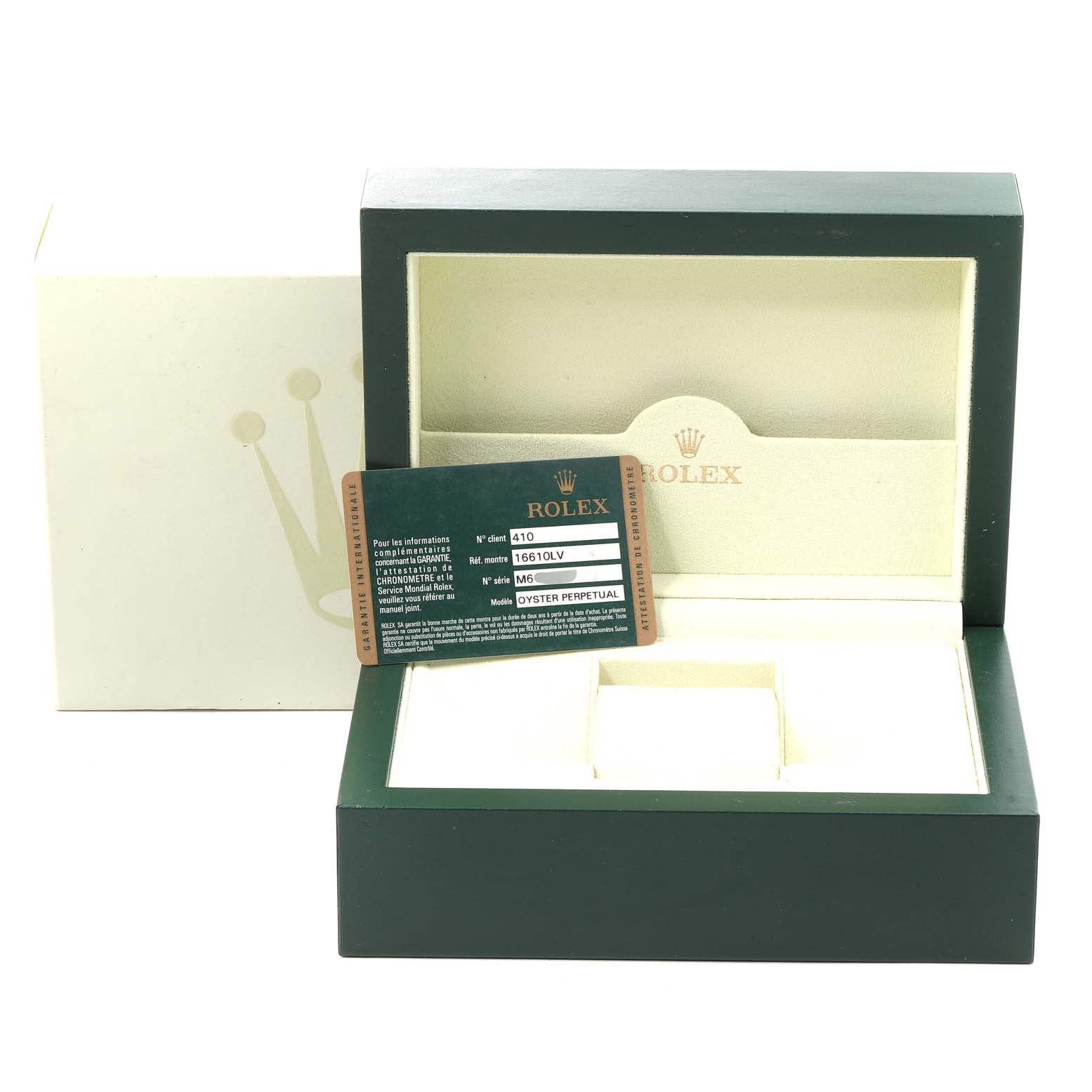 The image shows the packaging box and authentication card for the Rolex Submariner 16610LV Men's Stainless Steel Black Dial 16610LV Men's Stainless Steel Black Dial watch, with the box open and card displayed prominently.