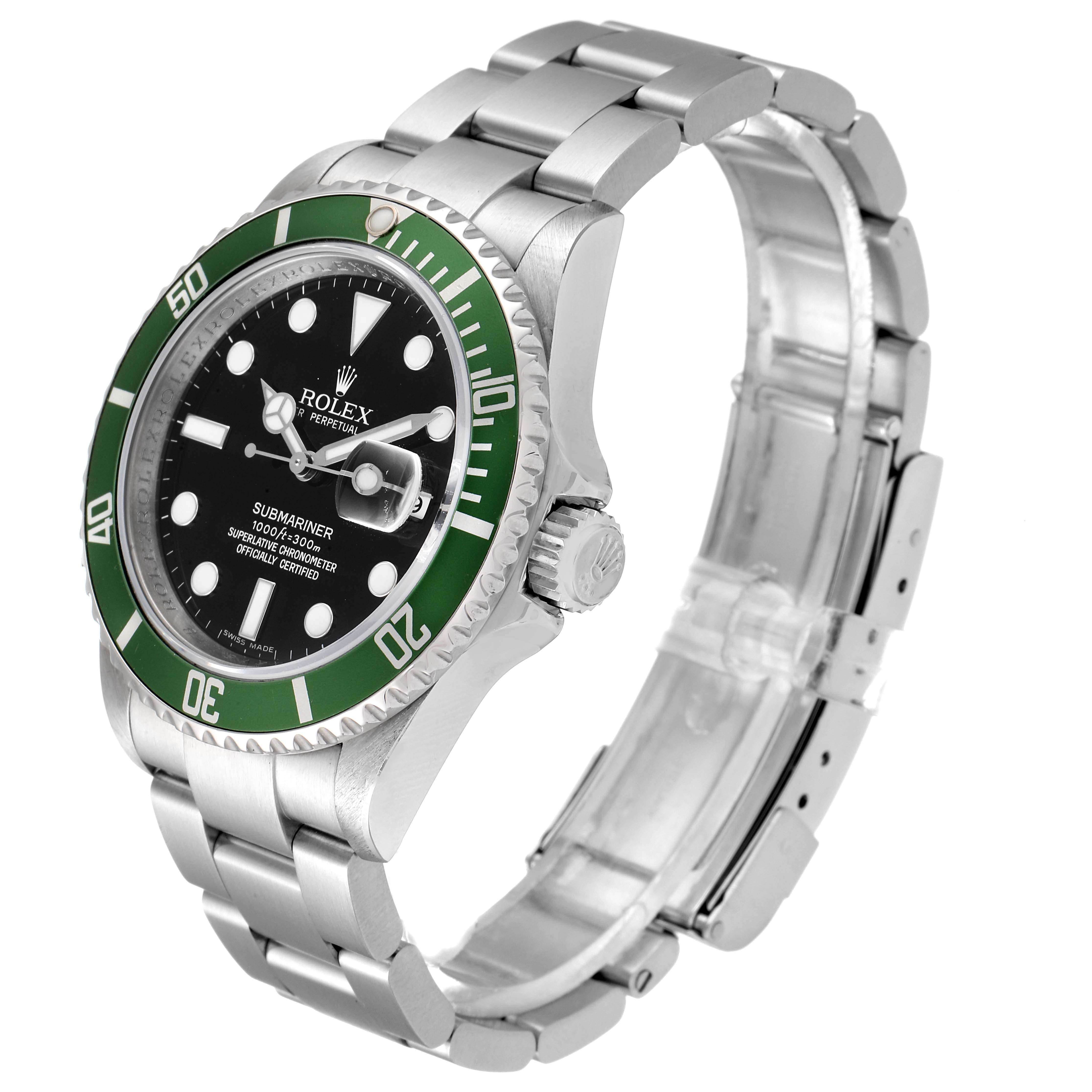 The Rolex Submariner 16610LV Men's Stainless Steel Black Dial 16610LV Men's Stainless Steel Black Dial watch is shown at a slightly angled side view, displaying its green bezel, black dial, and stainless steel bracelet.