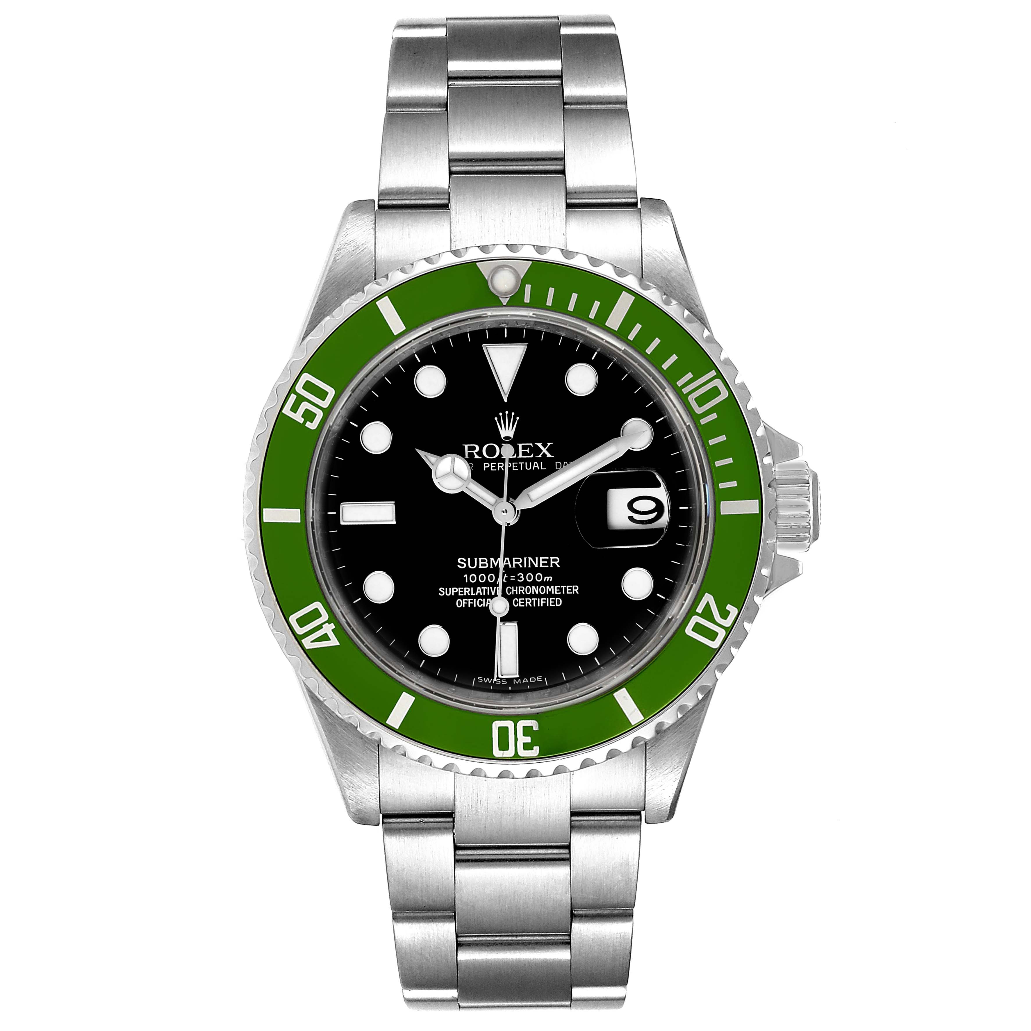 This image shows a front view of a Rolex Submariner 16610LV Men's Stainless Steel Black Dial 16610LV Men's Stainless Steel Black Dial watch with a green bezel, black dial, and stainless steel bracelet.