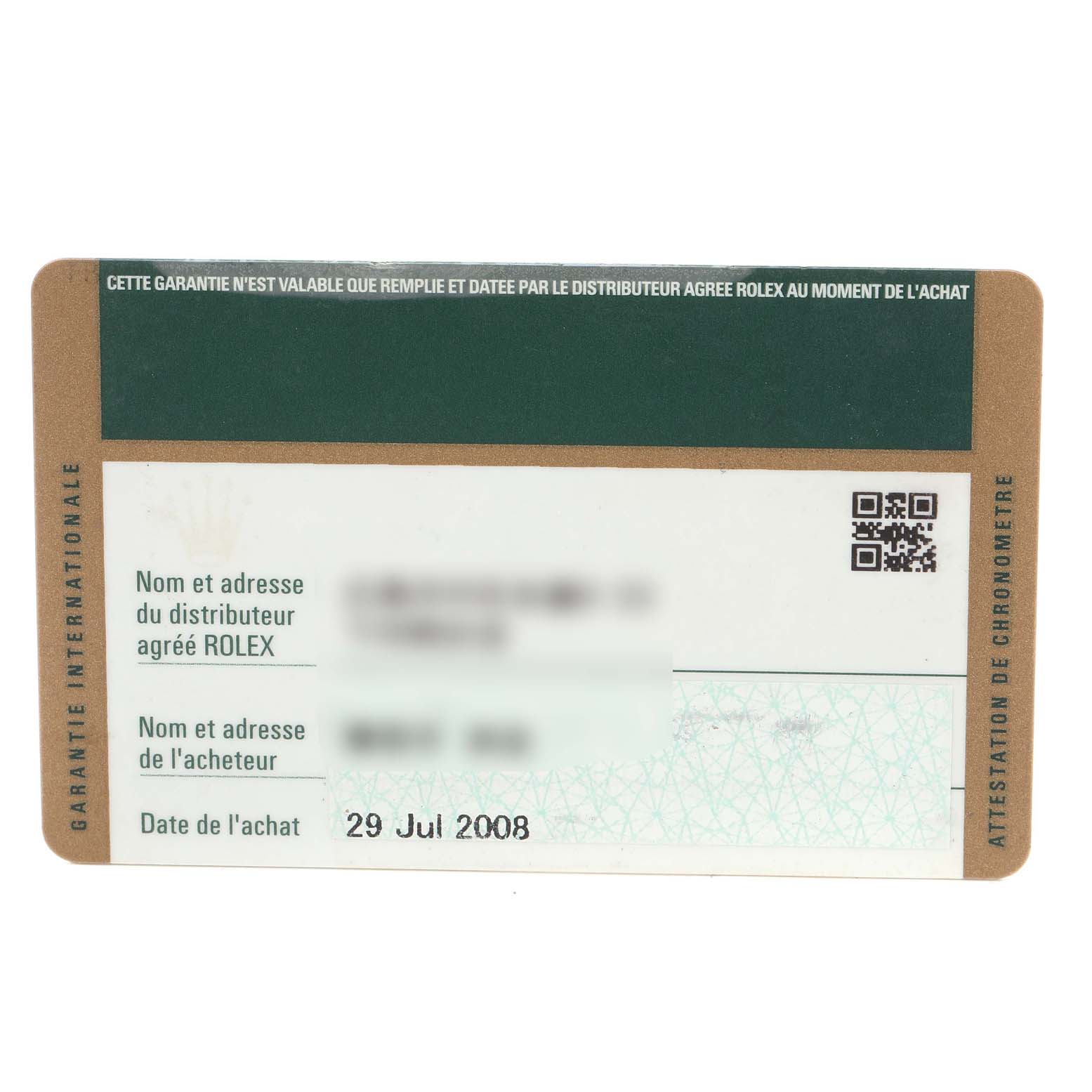 The image shows a Warranty Card for a Rolex Submariner 16610LV Men's Stainless Steel Black Dial 16610LV Men's Stainless Steel Black Dial, marked with dealer and buyer information, and a purchase date of 29 Jul 2008.