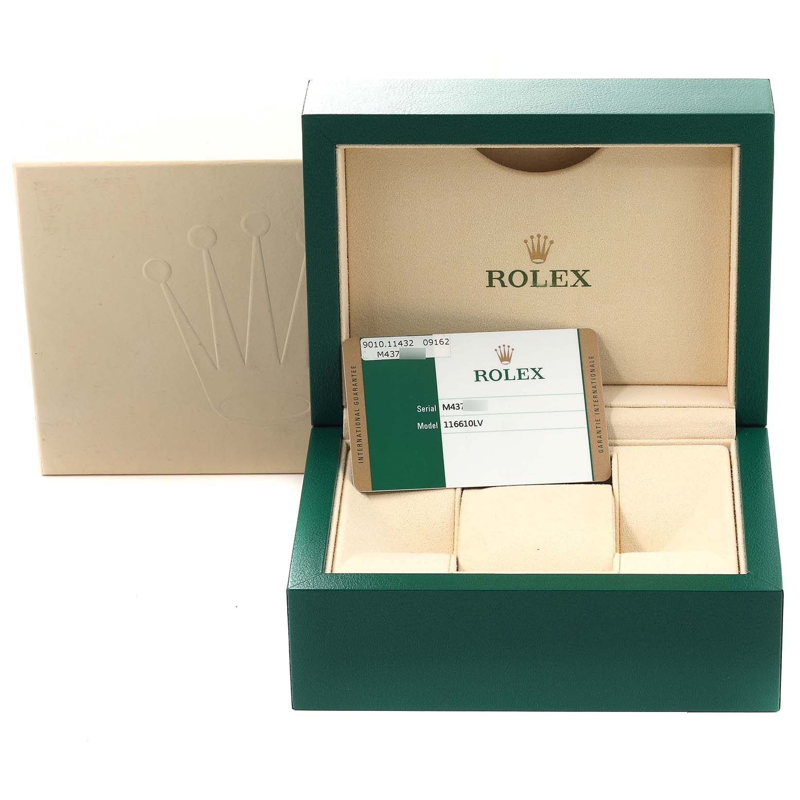 The image shows an open green Rolex box for the Submariner model, displaying its interior and a card with model details.