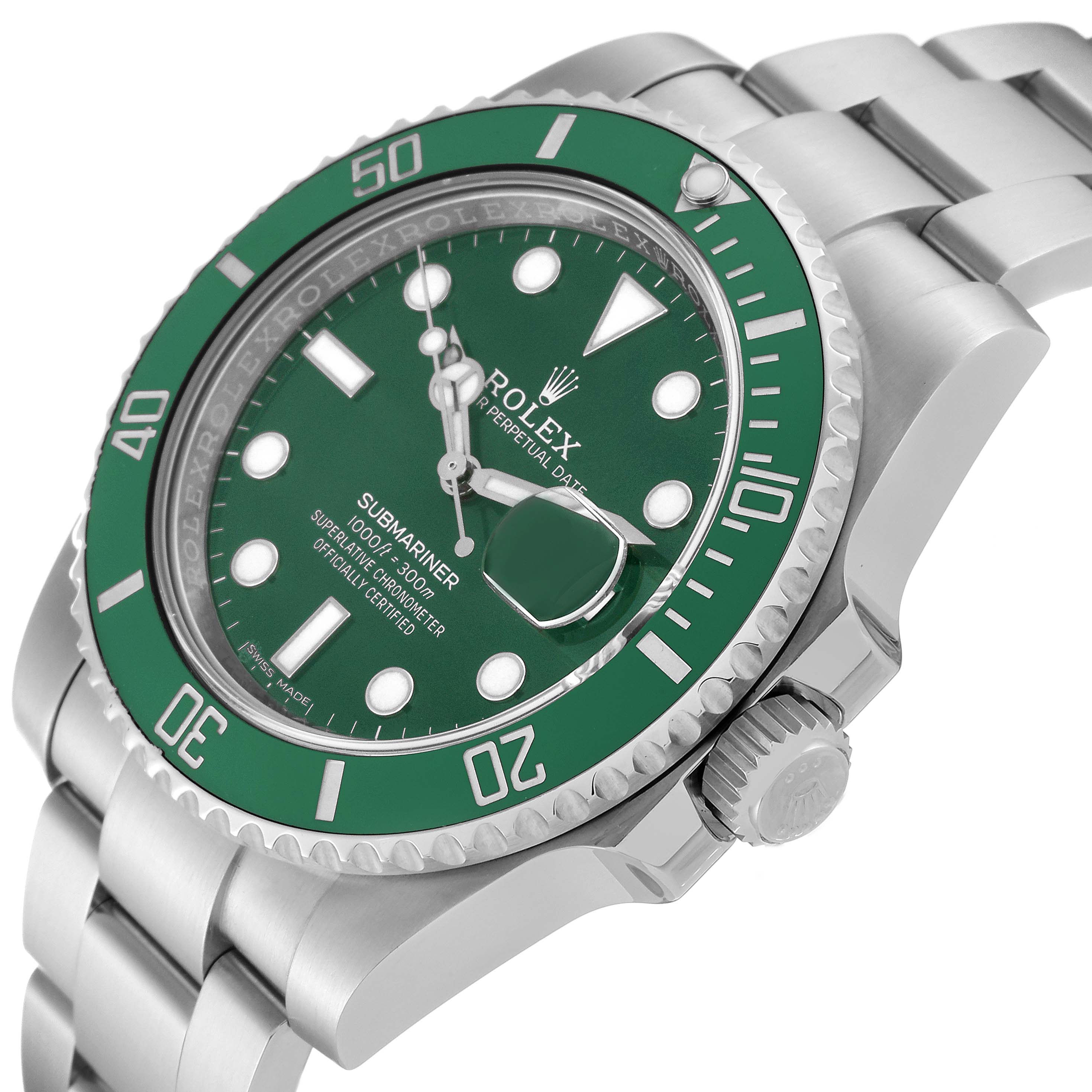 The image showcases a close-up, angled view of a Rolex Submariner 116610LV Men's Stainless Steel Green Dial 116610LV Men's Stainless Steel Green Dial, highlighting its green bezel, dial, and bracelet.