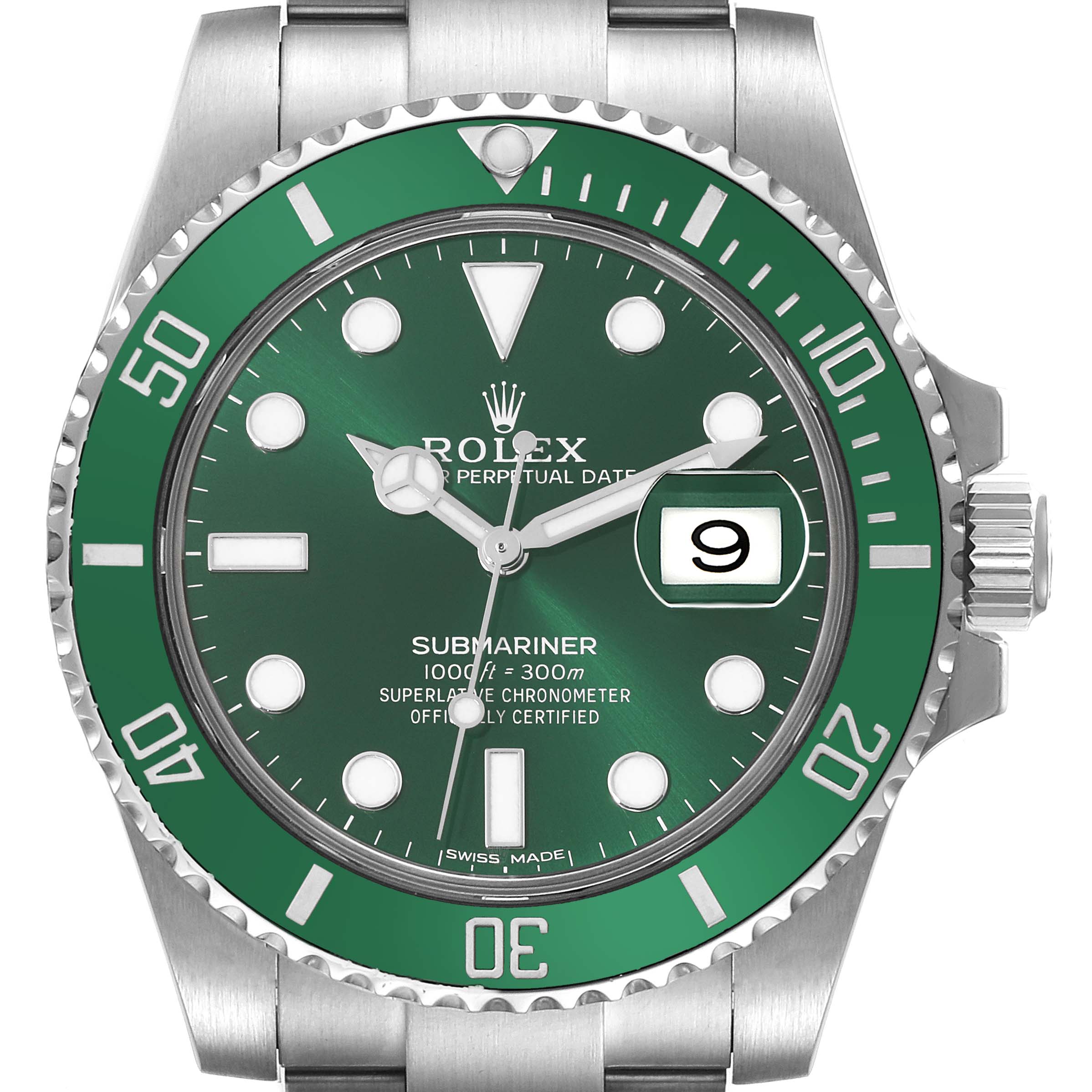 This image shows a front view of the Rolex Submariner 116610LV Men's Stainless Steel Green Dial 116610LV Men's Stainless Steel Green Dial watch, displaying the face, bezel, and part of the bracelet.