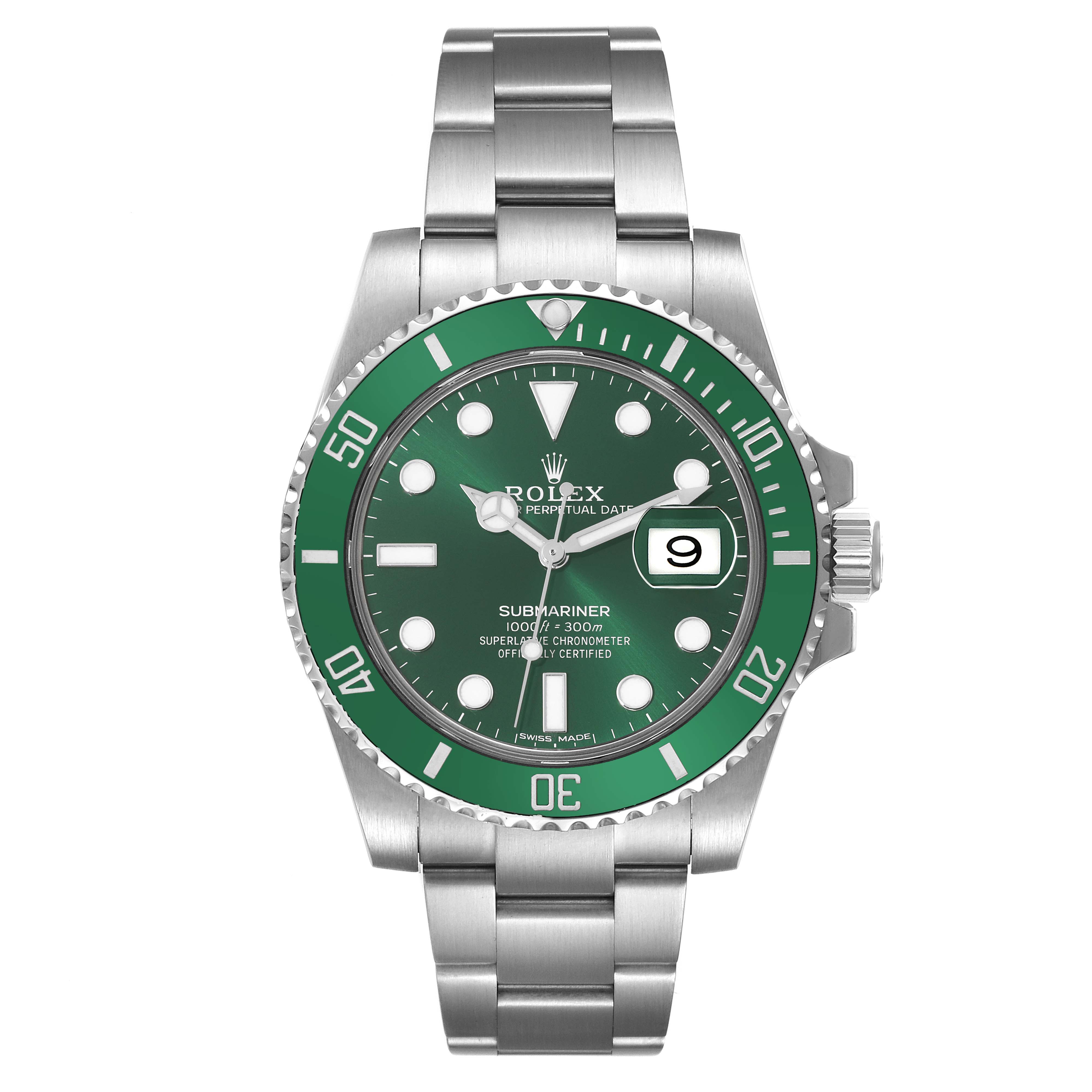 This image shows a front view of the Rolex Submariner 116610LV Men's Stainless Steel Green Dial 116610LV Men's Stainless Steel Green Dial watch featuring a green bezel and dial, with a date display at 3 o'clock.