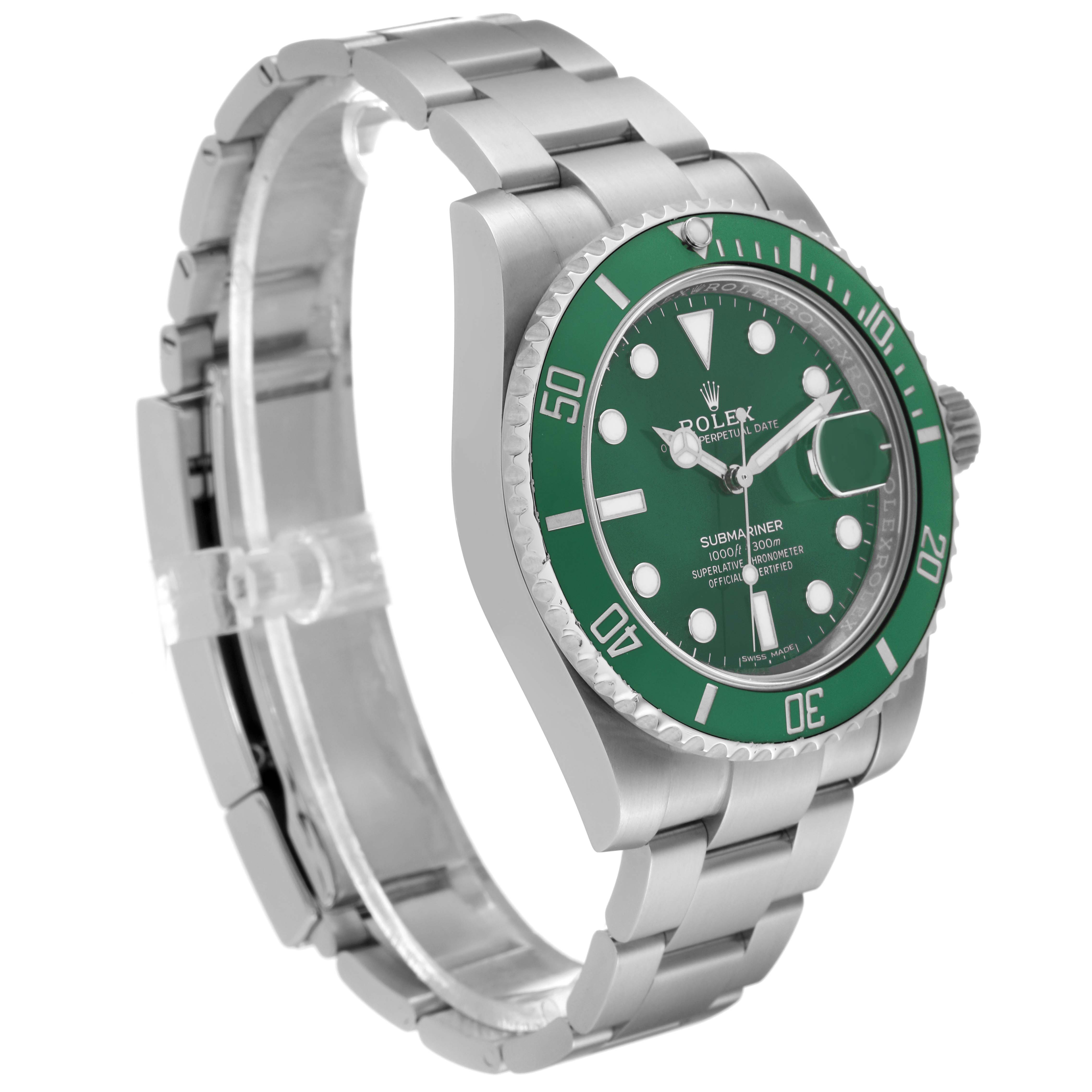 The image shows a Rolex Submariner 116610LV Men's Stainless Steel Green Dial 116610LV Men's Stainless Steel Green Dial watch angled slightly to the right, displaying its green bezel, dial, and stainless steel bracelet.