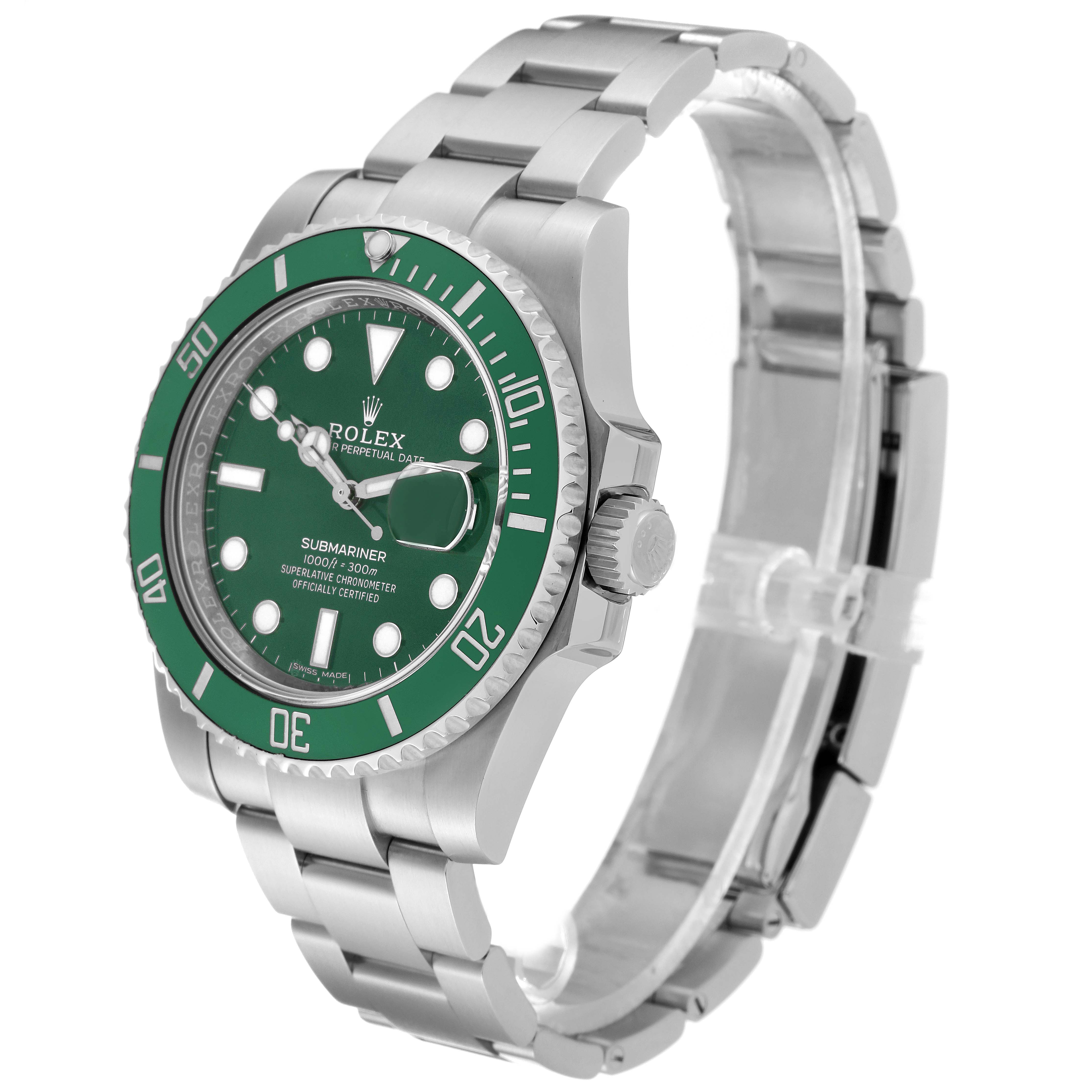 The image shows a side-angle view of the Rolex Submariner 116610LV Men's Stainless Steel Green Dial 116610LV Men's Stainless Steel Green Dial watch, highlighting its bezel, dial, and bracelet.