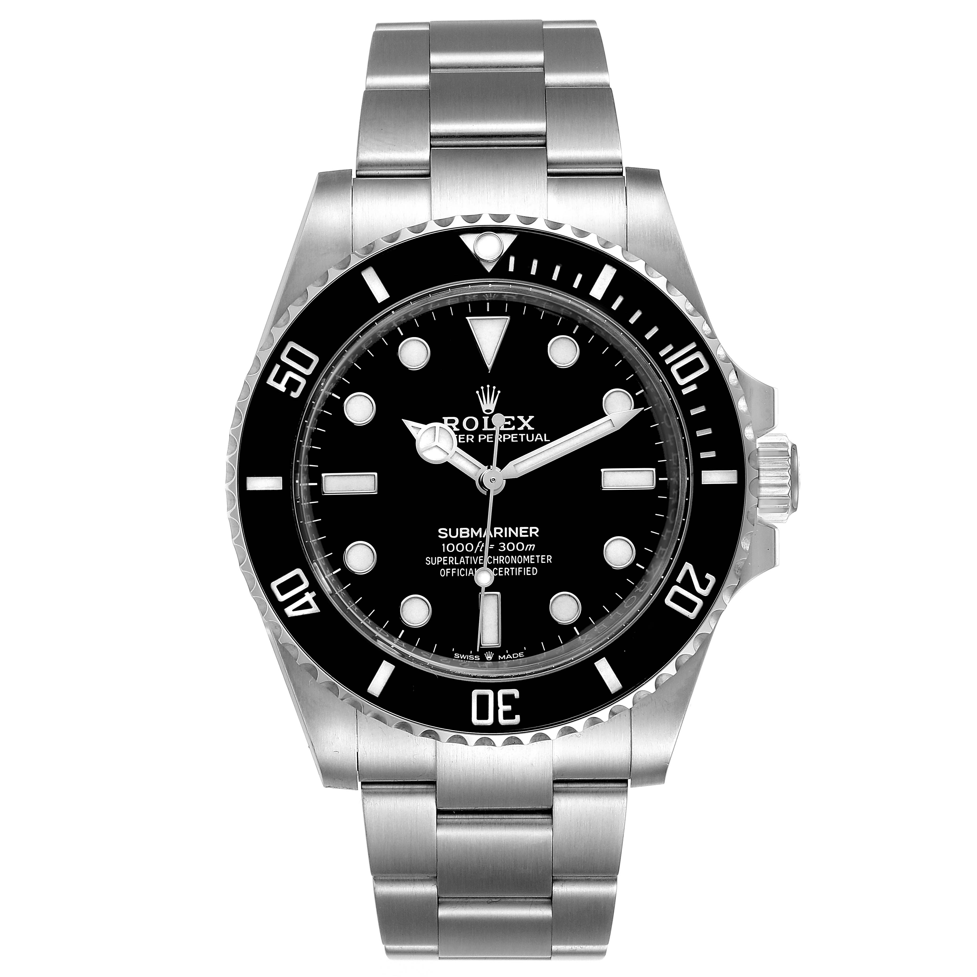 The image shows a front view of a Rolex Submariner 124060 Men's Stainless Steel Black Dial 124060 Men's Stainless Steel Black Dial watch, displaying the dial, bezel, crown, and bracelet.