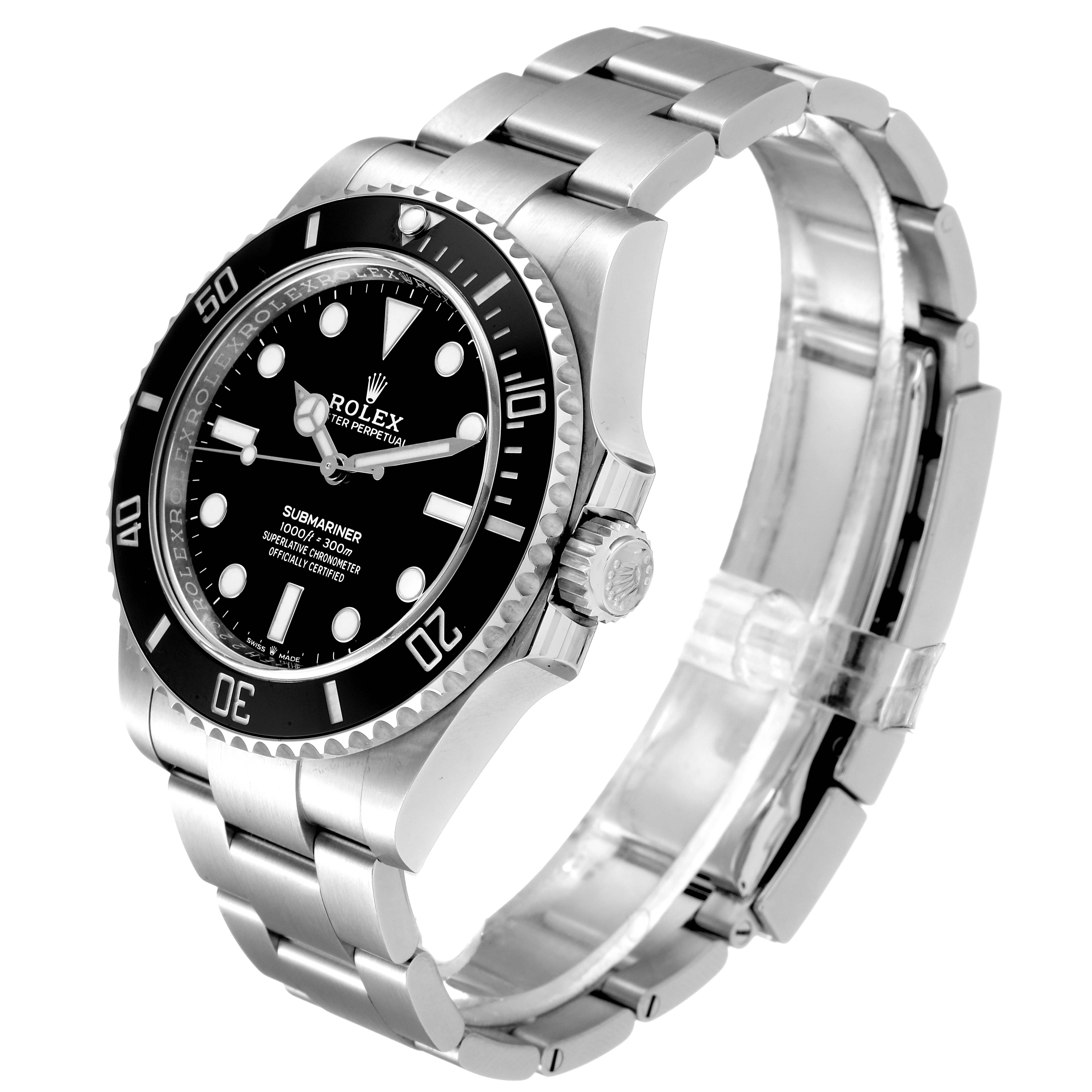 The image shows a side angle of the Rolex Submariner 124060 Men's Stainless Steel Black Dial 124060 Men's Stainless Steel Black Dial, displaying the face, bezel, crown, and bracelet.