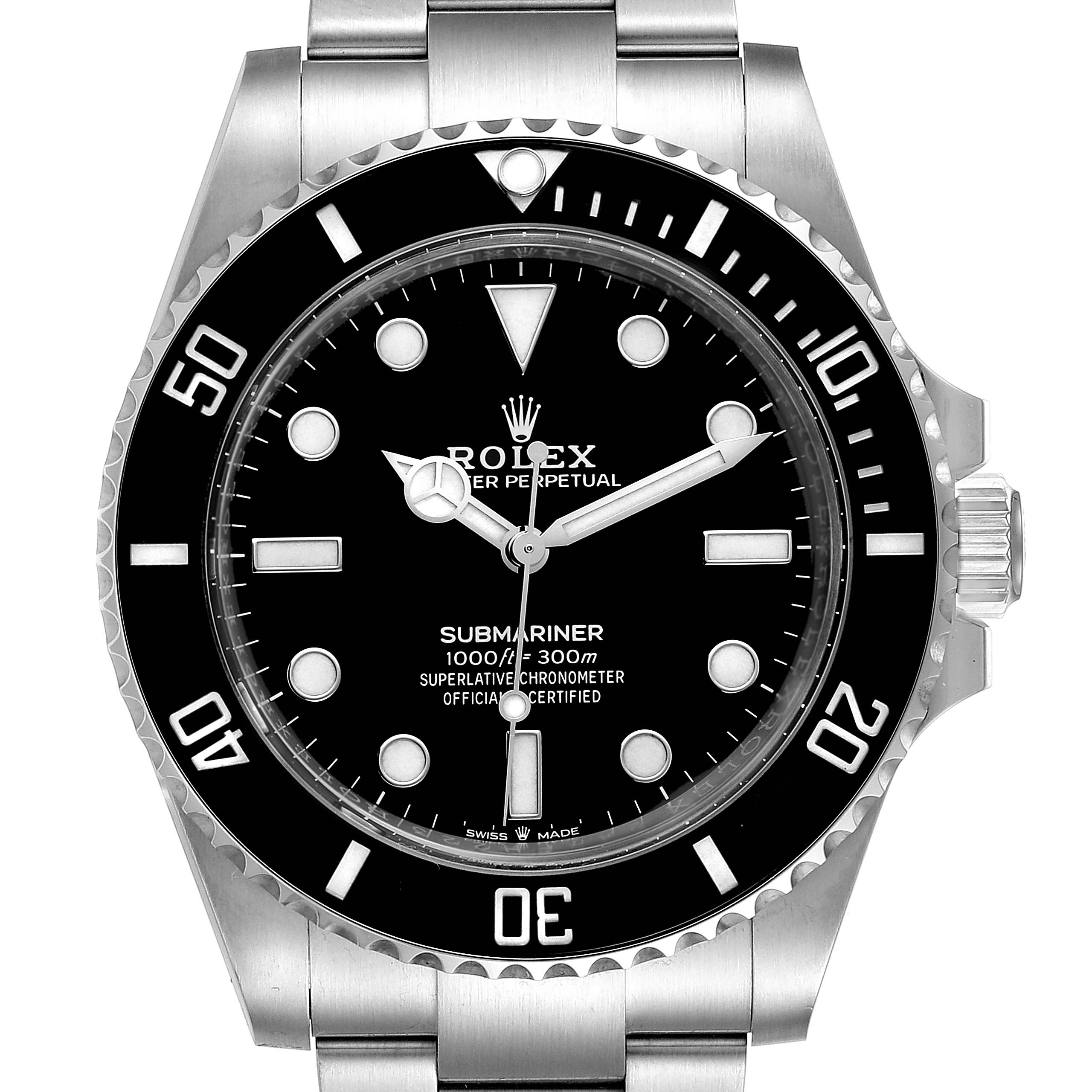 This image shows a front view of the Rolex Submariner 124060 Men's Stainless Steel Black Dial 124060 Men's Stainless Steel Black Dial watch, detailing the face, bezel, and bracelet.