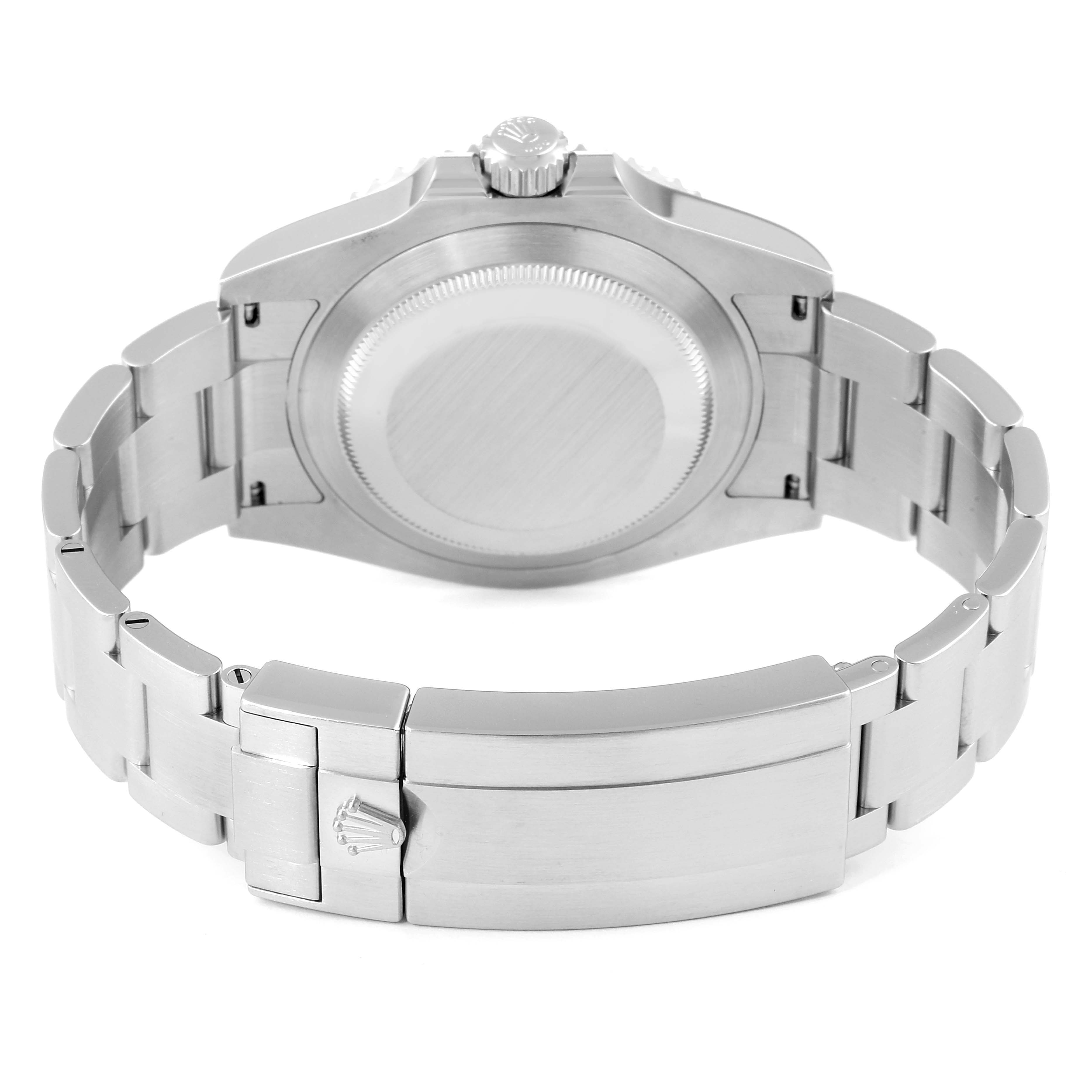 This image shows the back view of a Rolex Submariner 124060 Men's Stainless Steel Black Dial 124060 Men's Stainless Steel Black Dial watch, highlighting its stainless steel case and bracelet.