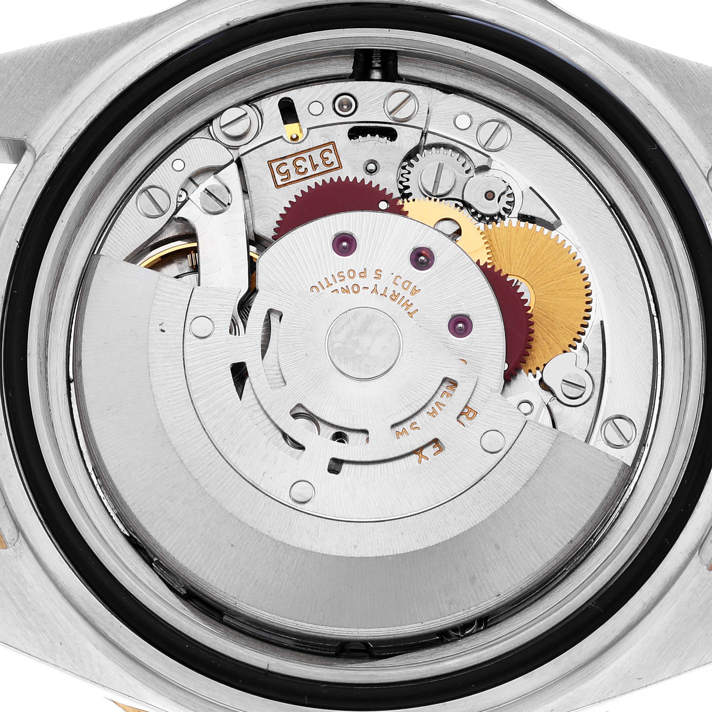 The image shows the back view of a Rolex Submariner 16613 Men's Steel and Gold (two tone) Champagne Dial 16613 Men's Steel and Gold (two tone) Champagne Dial watch, revealing intricate internal gears and mechanisms.