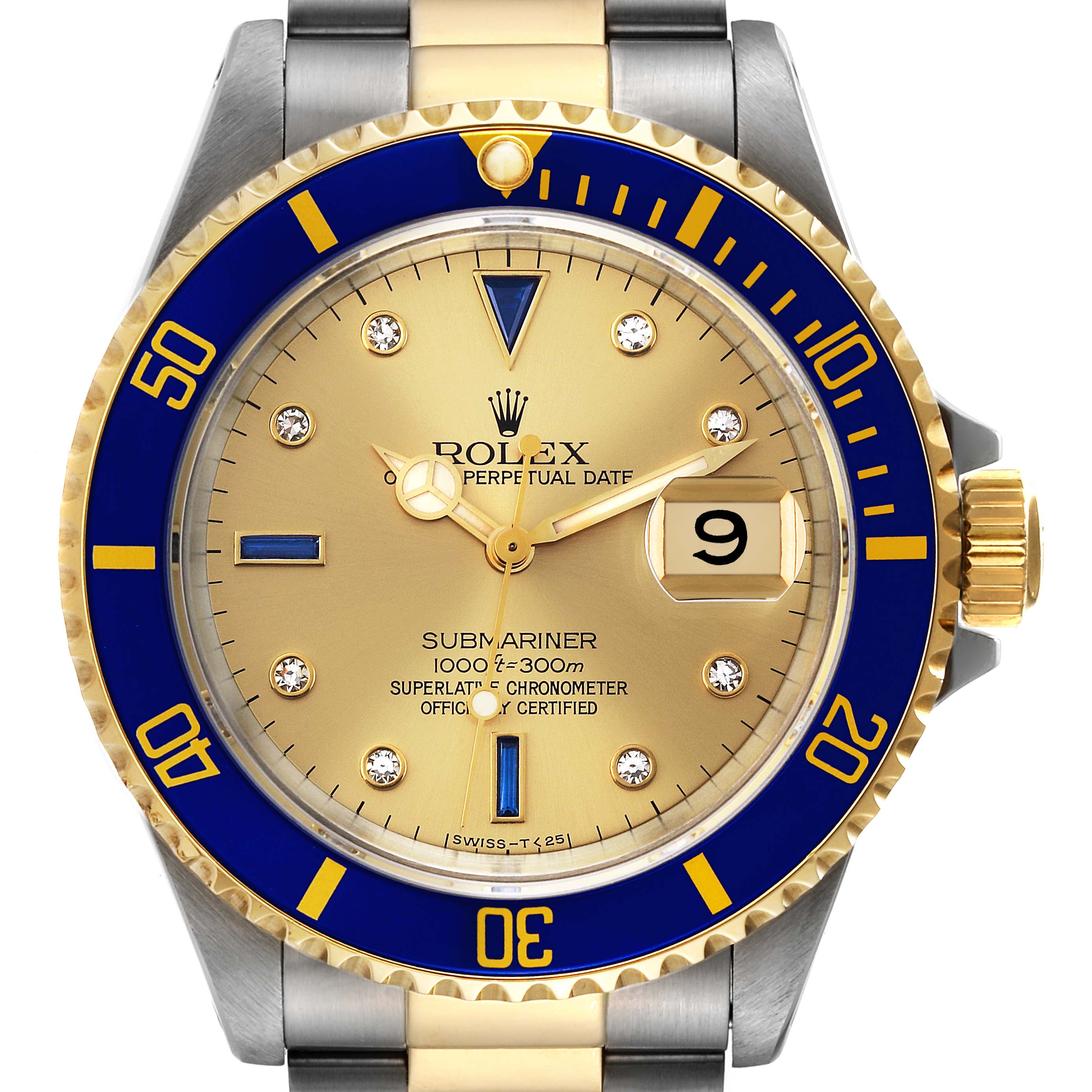 This Rolex Submariner 16613 Men's Steel and Gold (two tone) Champagne Dial 16613 Men's Steel and Gold (two tone) Champagne Dial watch is shown from a front angle, highlighting its gold dial, blue and gold bezel, and jubilee bracelet.