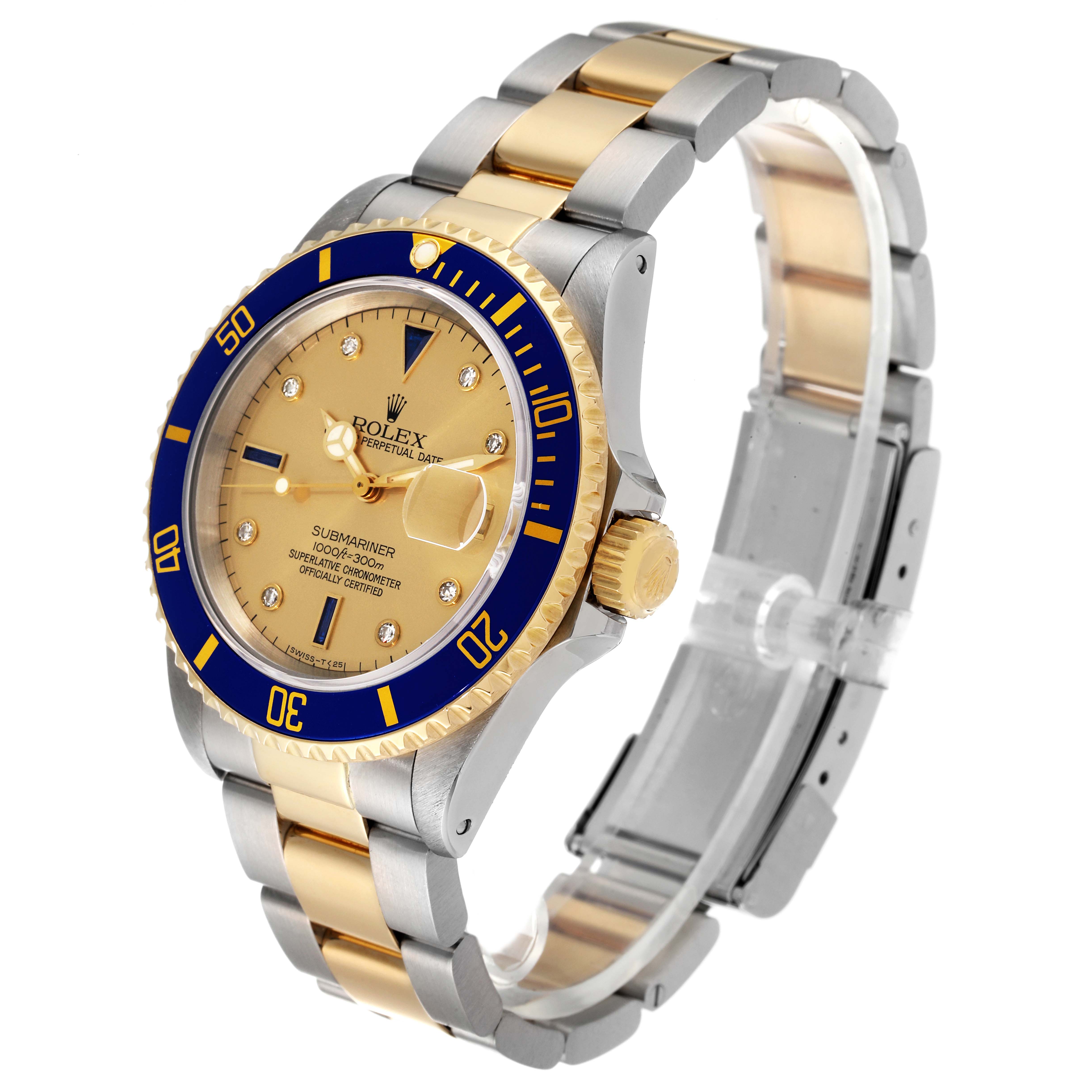 The image shows a Rolex Submariner 16613 Men's Steel and Gold (two tone) Champagne Dial 16613 Men's Steel and Gold (two tone) Champagne Dial watch at an angled view, highlighting its two-tone band, bezel, and face.