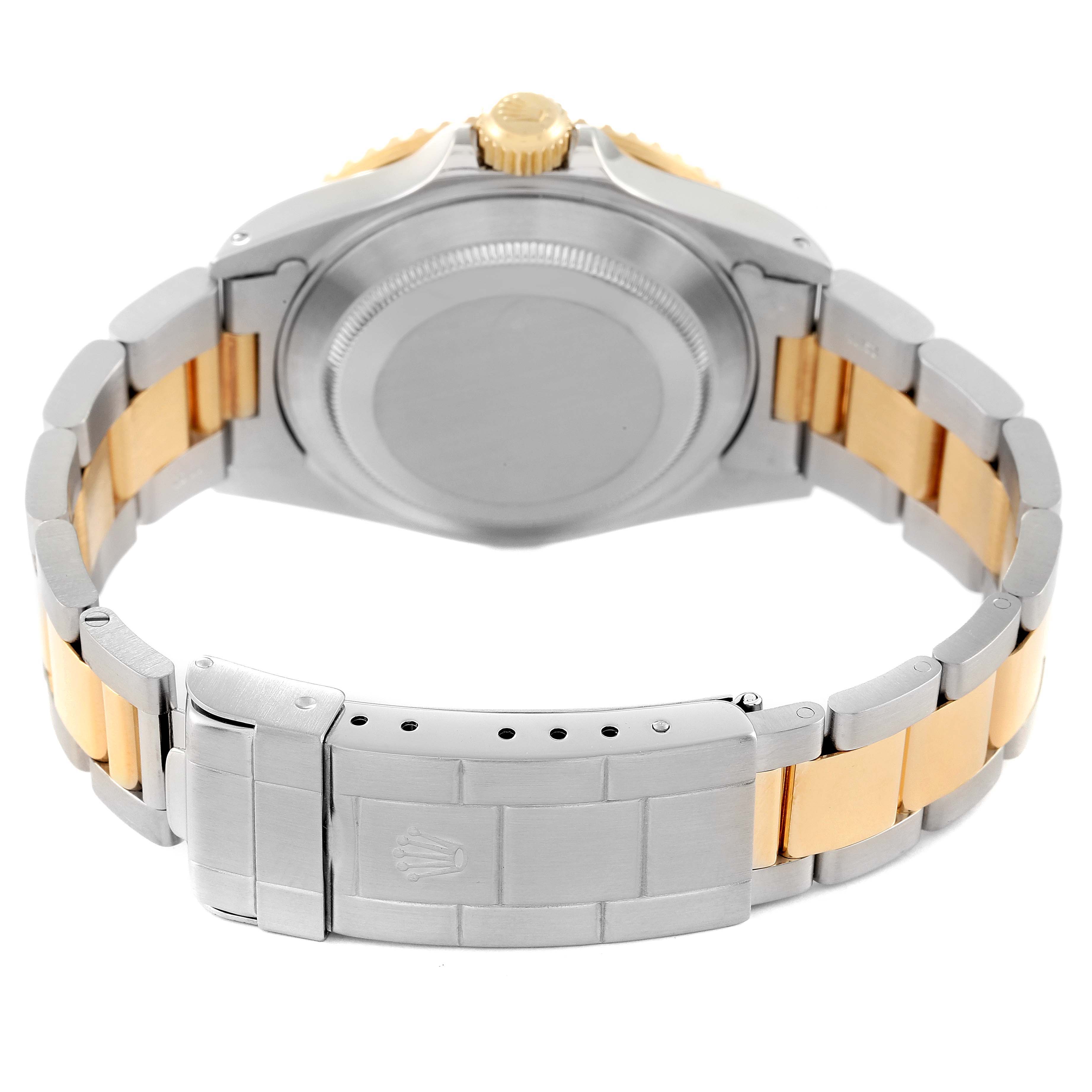 The image shows the backside and bracelet of a Rolex Submariner 16613 Men's Steel and Gold (two tone) Champagne Dial 16613 Men's Steel and Gold (two tone) Champagne Dial watch, highlighting the two-tone metal links and clasp.
