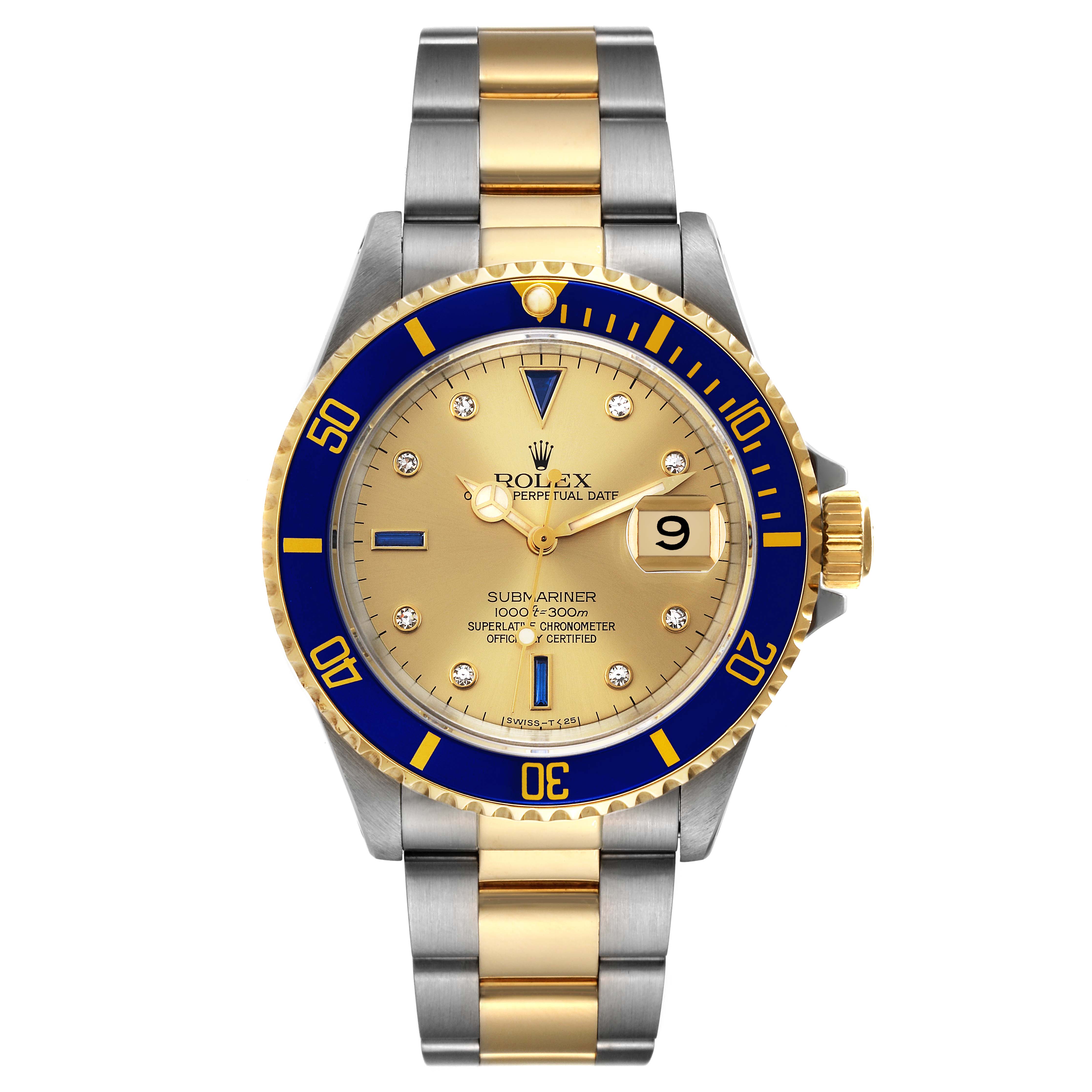 The image shows a Rolex Submariner 16613 Men's Steel and Gold (two tone) Champagne Dial 16613 Men's Steel and Gold (two tone) Champagne Dial watch front view, displaying the bezel, dial, and bracelet.