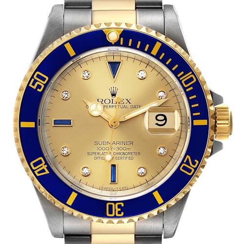 Photo of Rolex Submariner Steel Yellow Gold Diamond Sapphire Serti Dial Mens Watch 16613