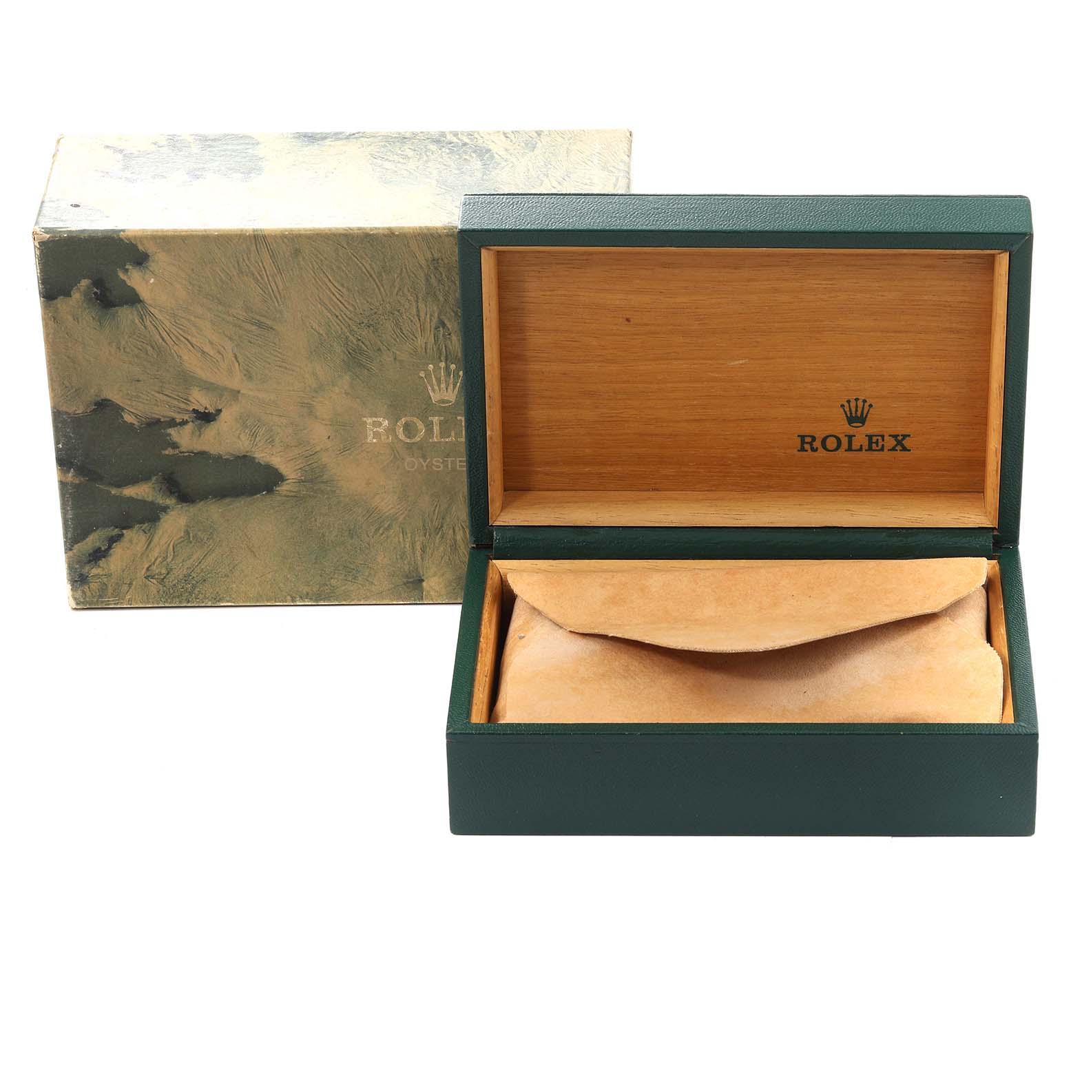 The image shows a Rolex Submariner 16613 Men's Steel and Gold (two tone) Champagne Dial 16613 Men's Steel and Gold (two tone) Champagne Dial box from a front view, displaying both the outer box and the open inner box with a cushion.