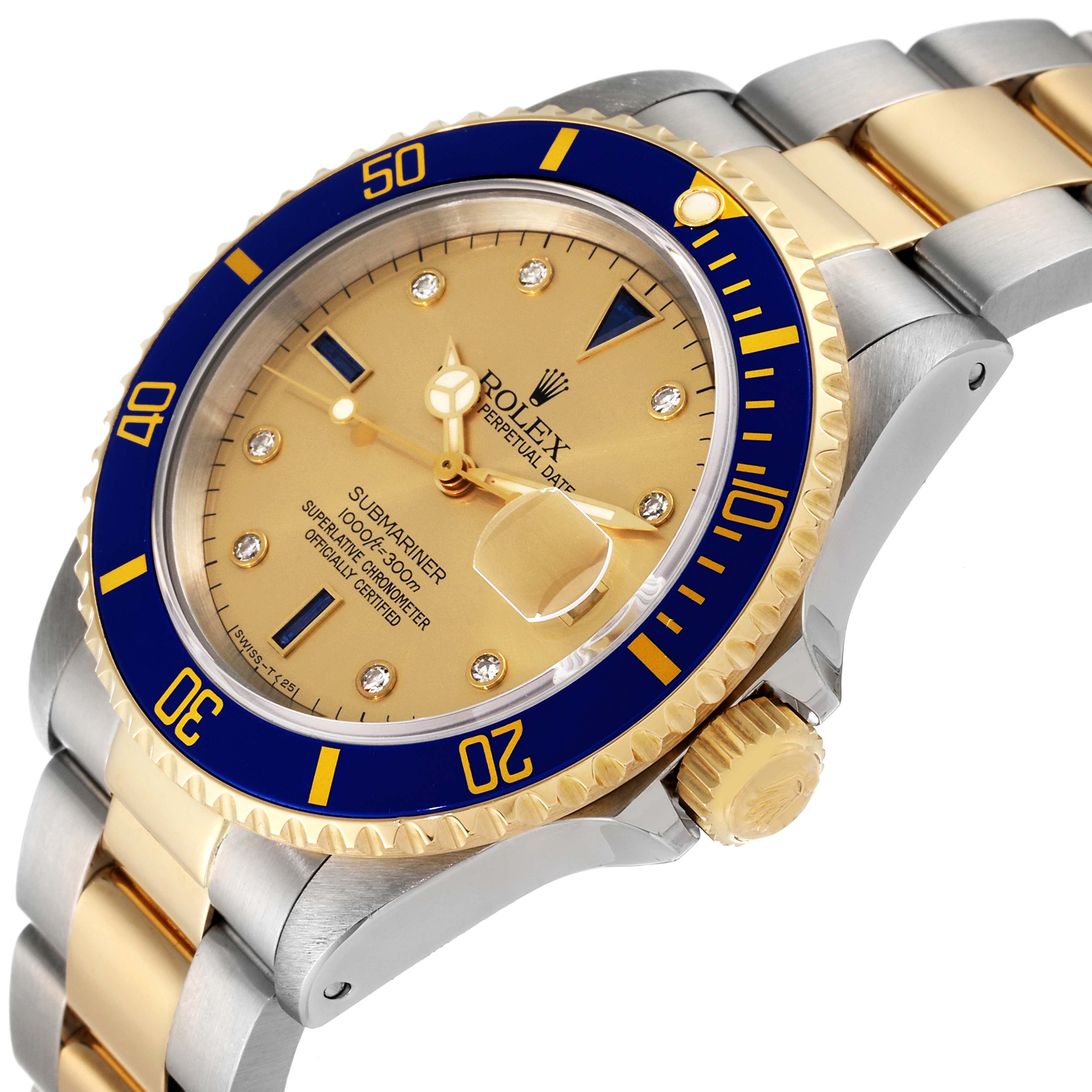 The image shows a Rolex Submariner 16613 Men's Steel and Gold (two tone) Champagne Dial 16613 Men's Steel and Gold (two tone) Champagne Dial watch at an angle, displaying its blue bezel, gold dial, and two-tone bracelet.