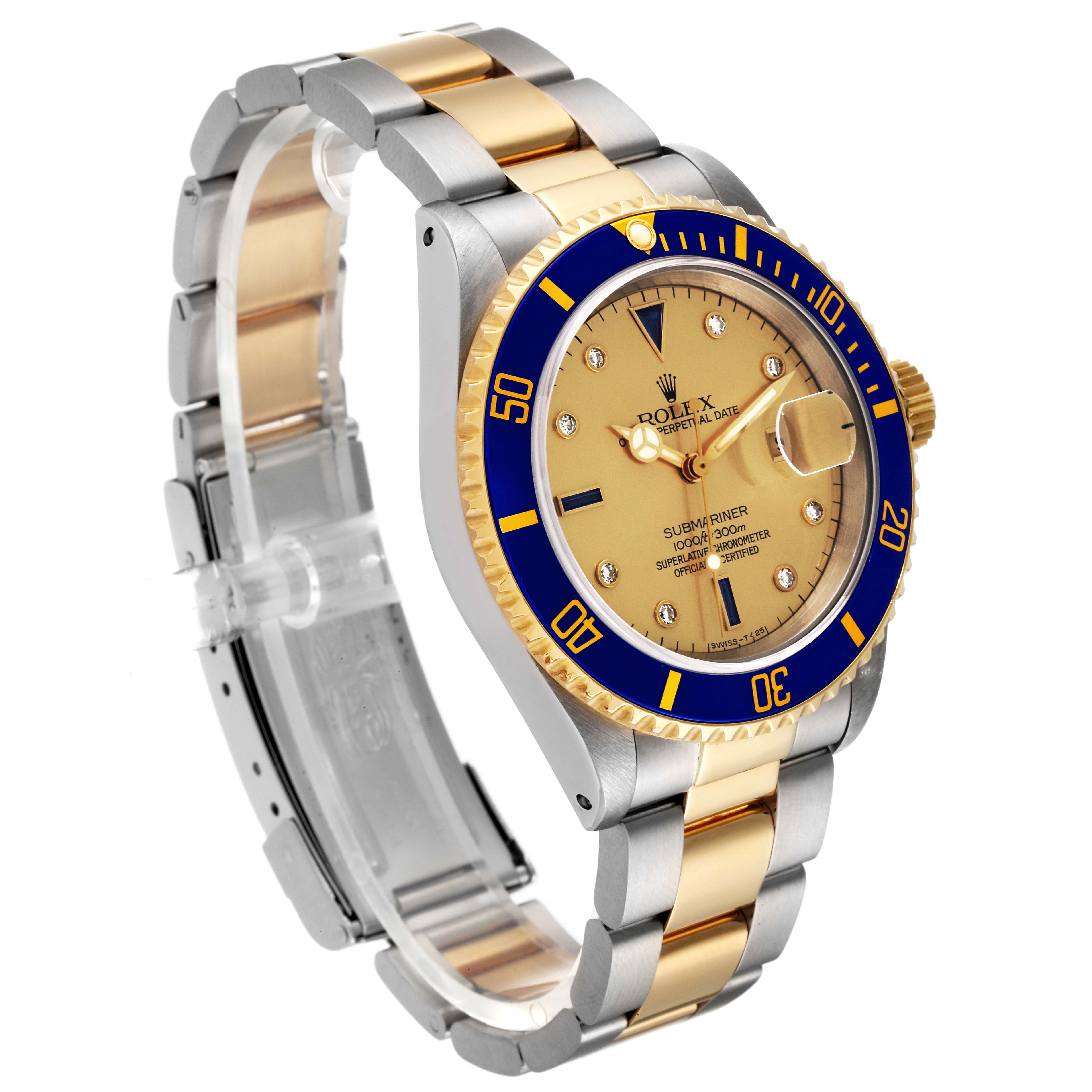The Rolex Submariner 16613 Men's Steel and Gold (two tone) Champagne Dial 16613 Men's Steel and Gold (two tone) Champagne Dial watch is shown at an angled side view displaying the face, bezel, crown, and bracelet.