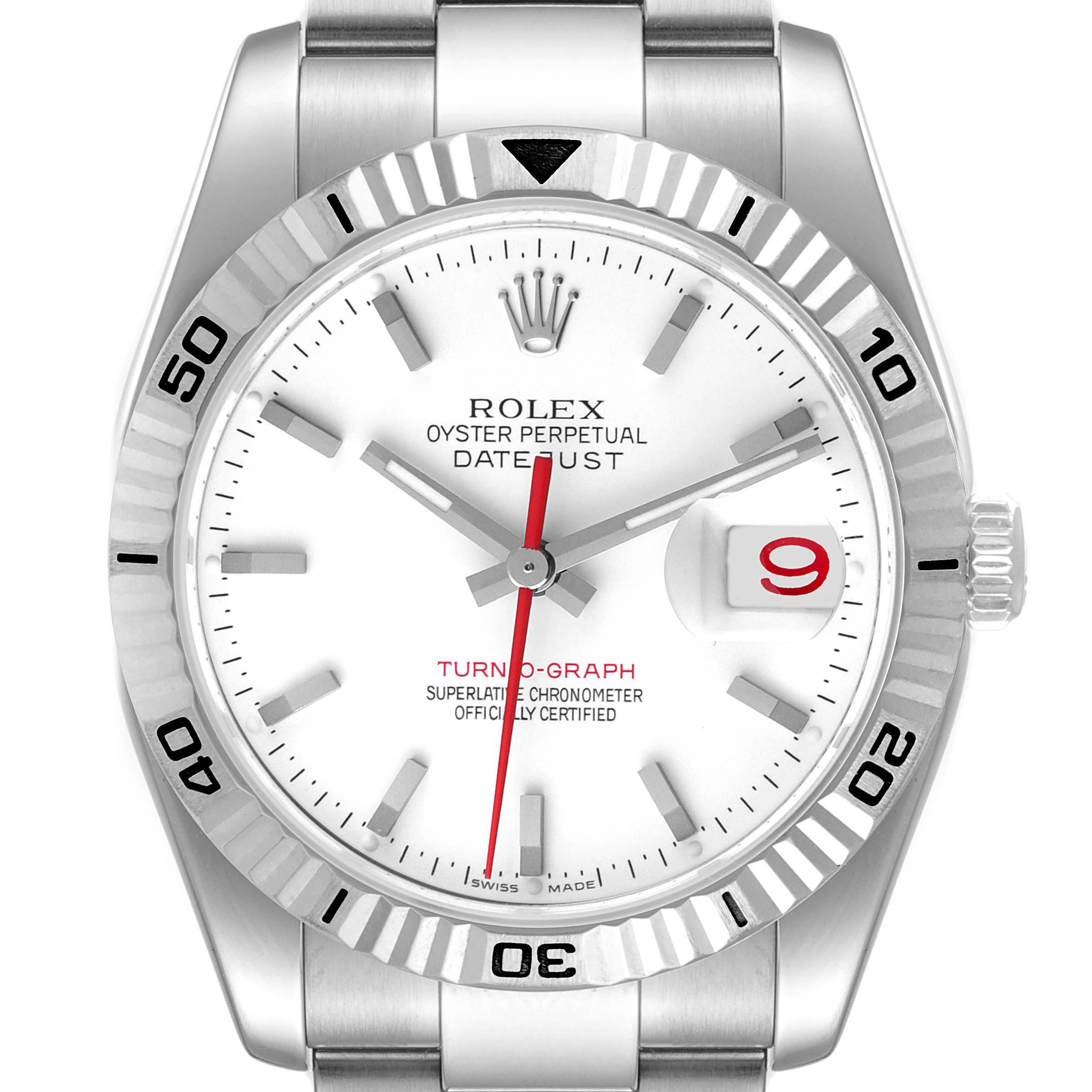 This image shows a front view of the Rolex Turn-o-Graph 116264 Men
s Stainless Steel White Dial 116264 Men
s Stainless Steel White Dial watch, highlighting its face, bezel, and part of the bracelet.