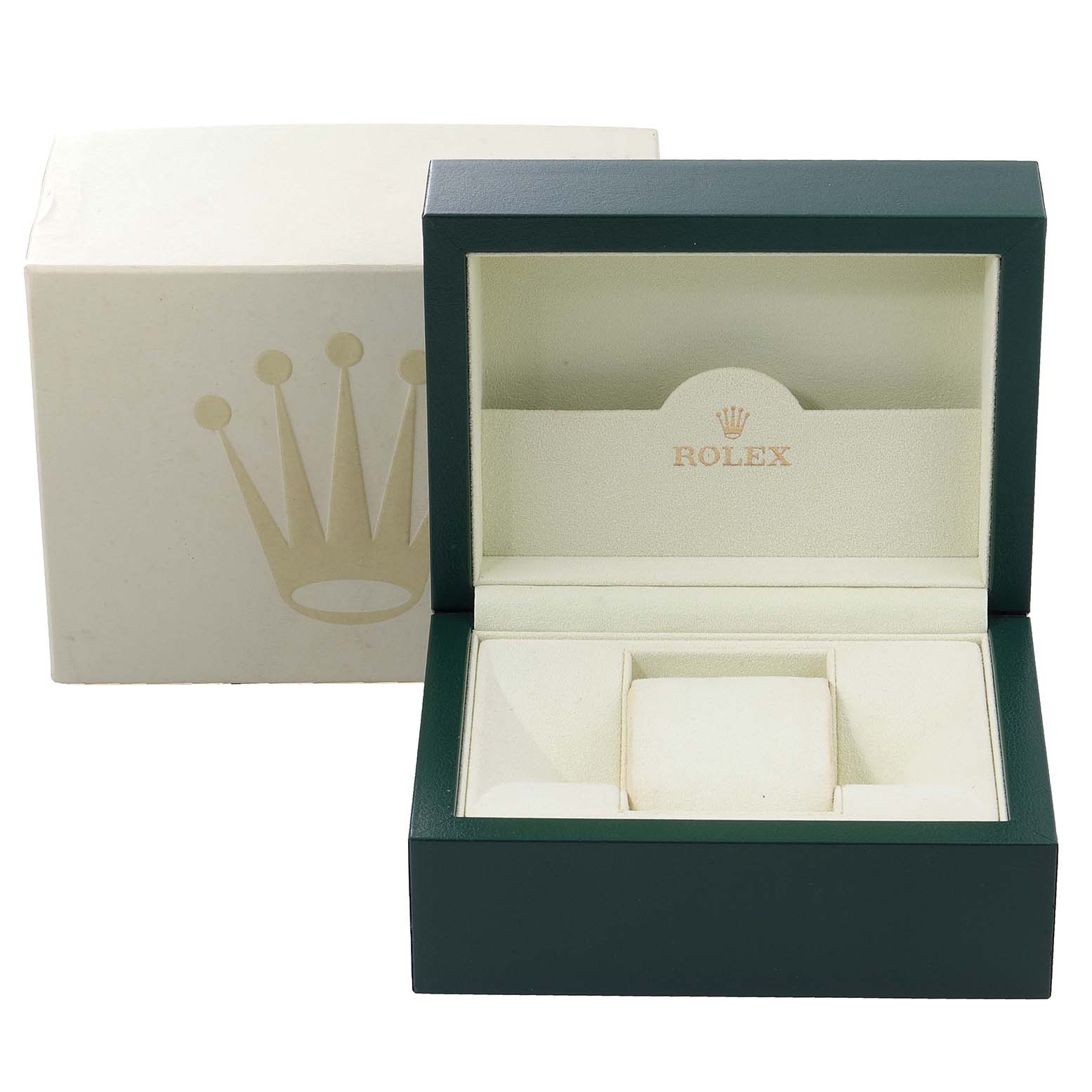 The image shows an open Rolex watch box and its outer cardboard box, designed for the Turn-o-Graph model.