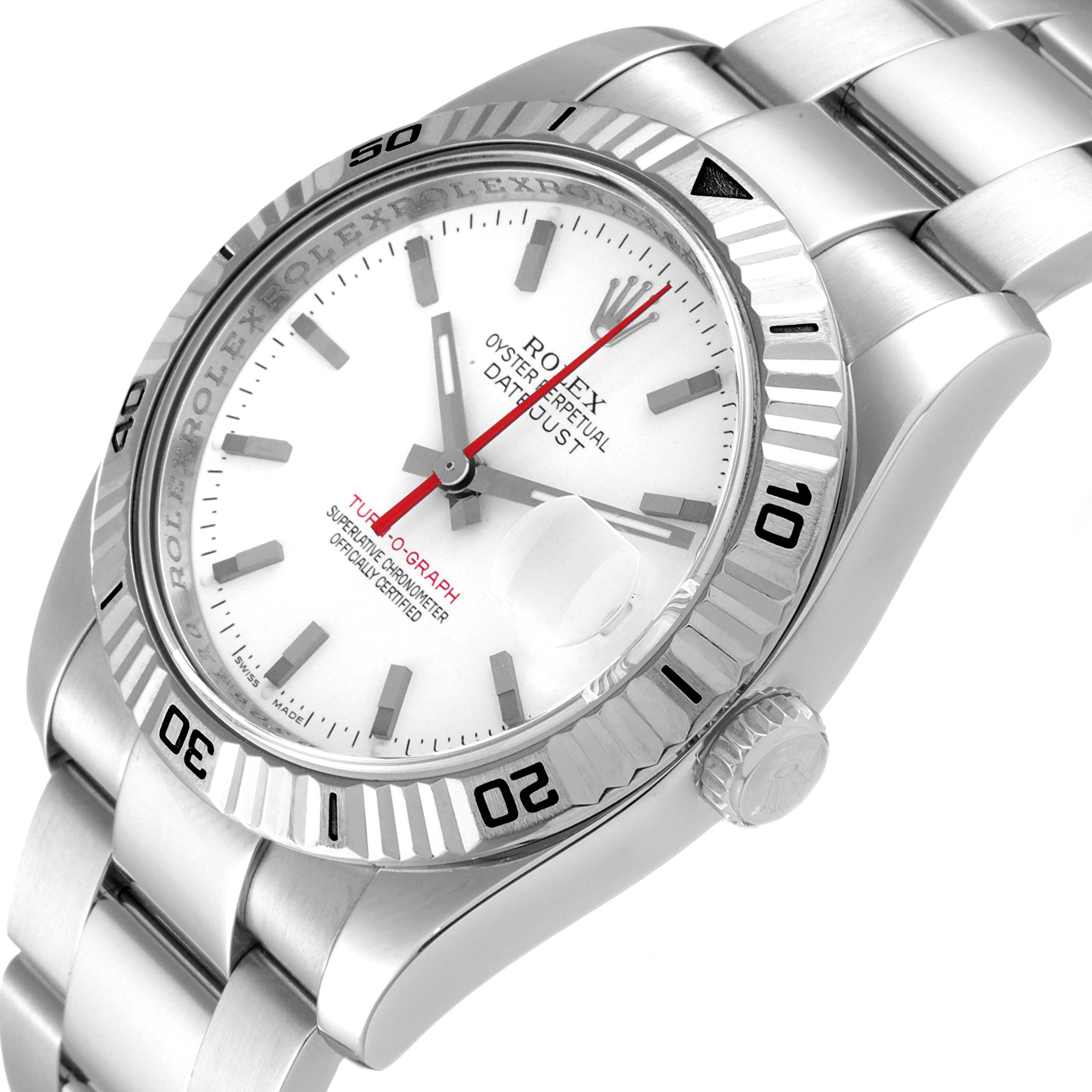 The image shows a close-up, angled view of the dial, bezel, crown, and bracelet of a Rolex Turn-o-Graph 116264 Men
s Stainless Steel White Dial 116264 Men
s Stainless Steel White Dial watch.