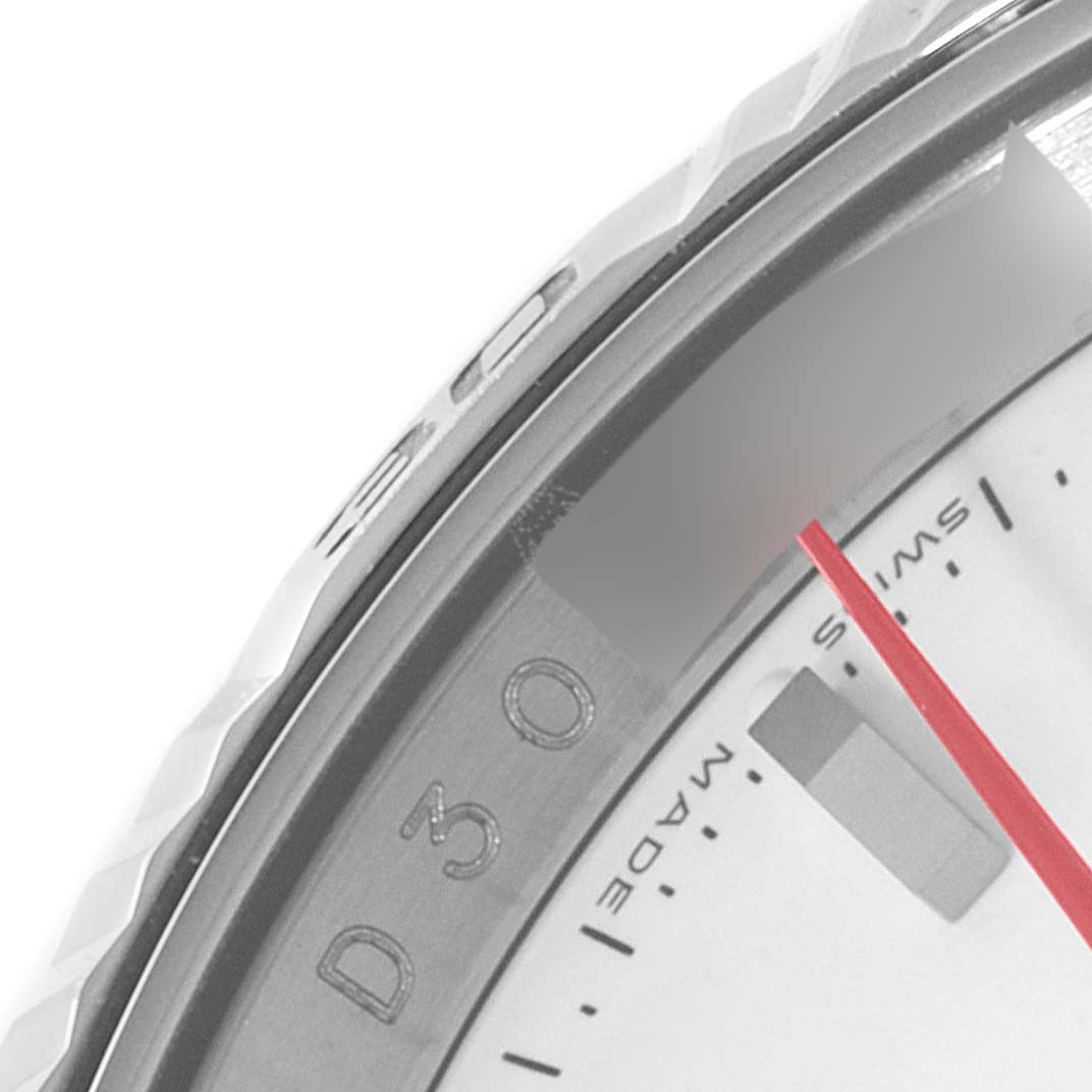 This image shows a close-up side angle of the dial and bezel of a Rolex Turn-o-Graph 116264 Men
s Stainless Steel White Dial 116264 Men
s Stainless Steel White Dial watch.