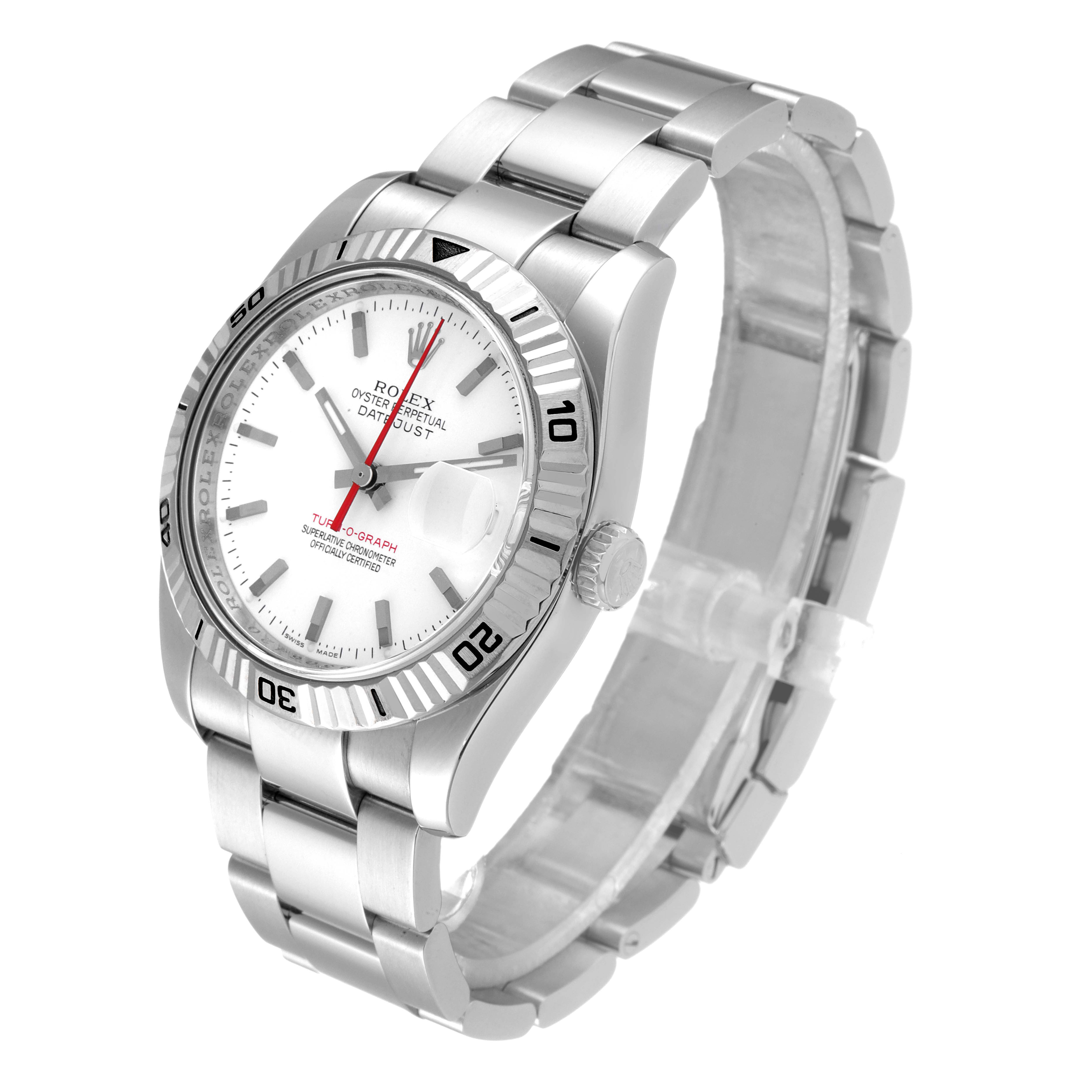 The image shows a Rolex Turn-o-Graph 116264 Men
s Stainless Steel White Dial 116264 Men
s Stainless Steel White Dial watch at a three-quarter angle, highlighting the dial, bezel, crown, and bracelet.