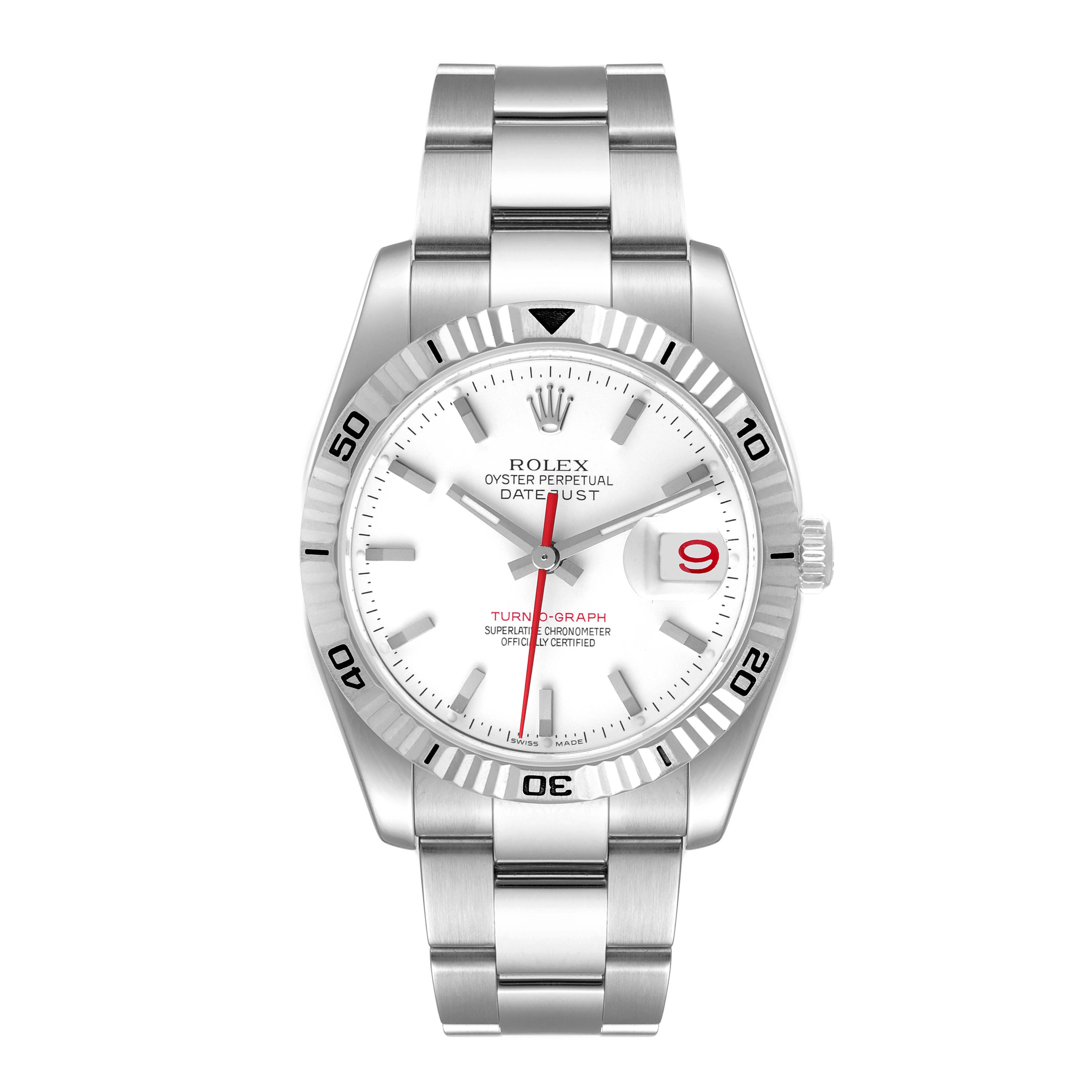 The image shows a front view of a Rolex Turn-o-Graph 116264 Men
s Stainless Steel White Dial 116264 Men
s Stainless Steel White Dial watch, featuring its dial, bezel, and bracelet.
