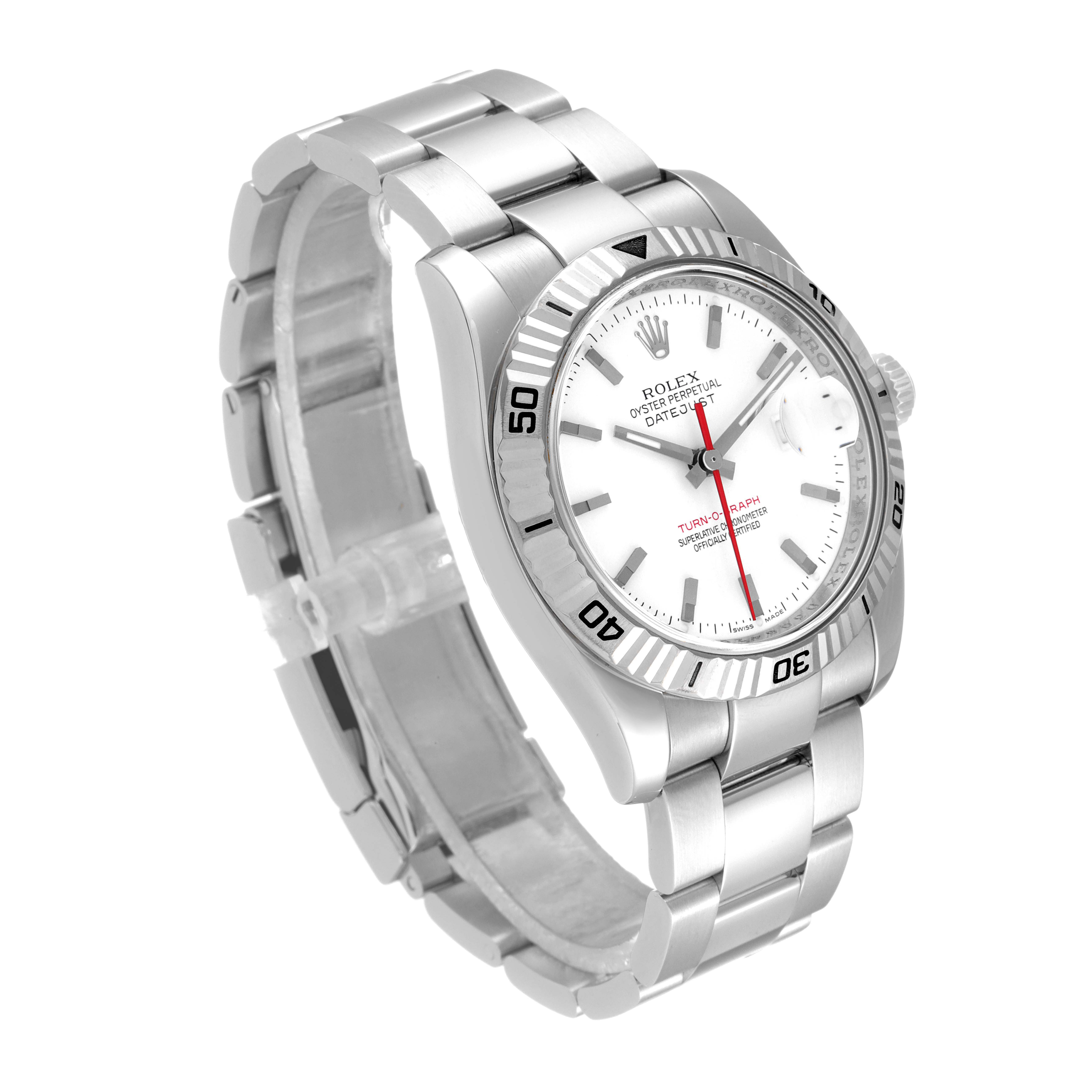 The image shows a Rolex Turn-o-Graph 116264 Men
s Stainless Steel White Dial 116264 Men
s Stainless Steel White Dial watch at a 45-degree angle displaying its face, bezel, bracelet, and crown.