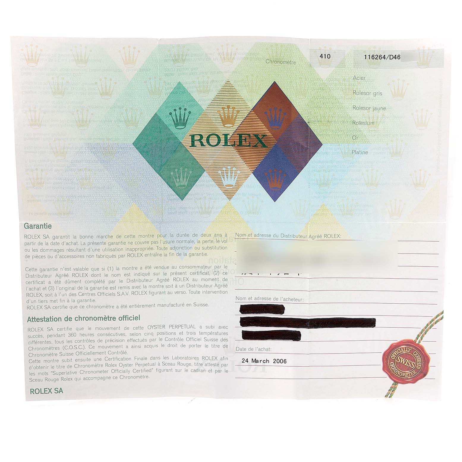 This image shows the warranty certificate for the Rolex Turn-o-Graph 116264 Men
s Stainless Steel White Dial 116264 Men
s Stainless Steel White Dial model, including purchase details and official certification.
