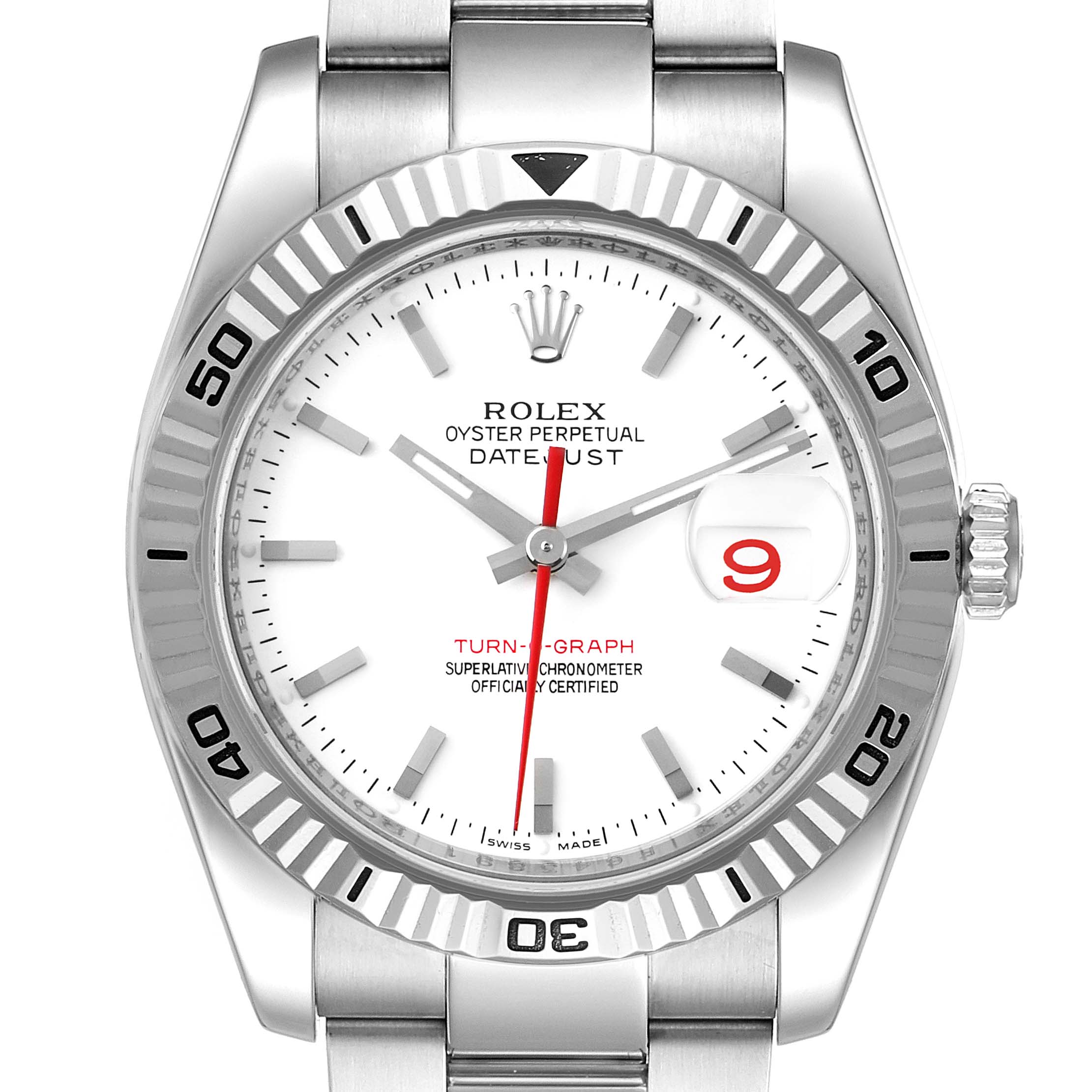 The image shows a front view of a Rolex Turn-o-Graph 116264 Men
s Stainless Steel White Dial 116264 Men
s Stainless Steel White Dial watch, highlighting the bezel, dial, hands, and bracelet.