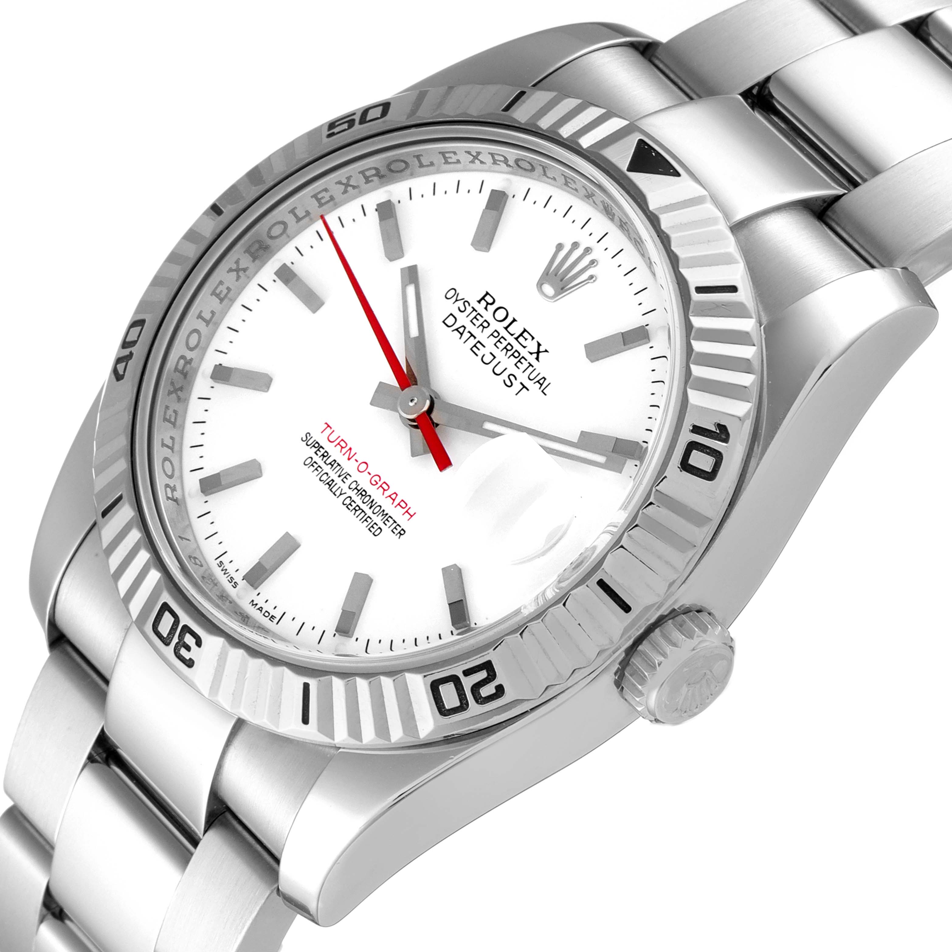 This image shows a Rolex Turn-o-Graph 116264 Men
s Stainless Steel White Dial 116264 Men
s Stainless Steel White Dial watch from a slightly tilted frontal angle, highlighting its face, bezel, and bracelet.