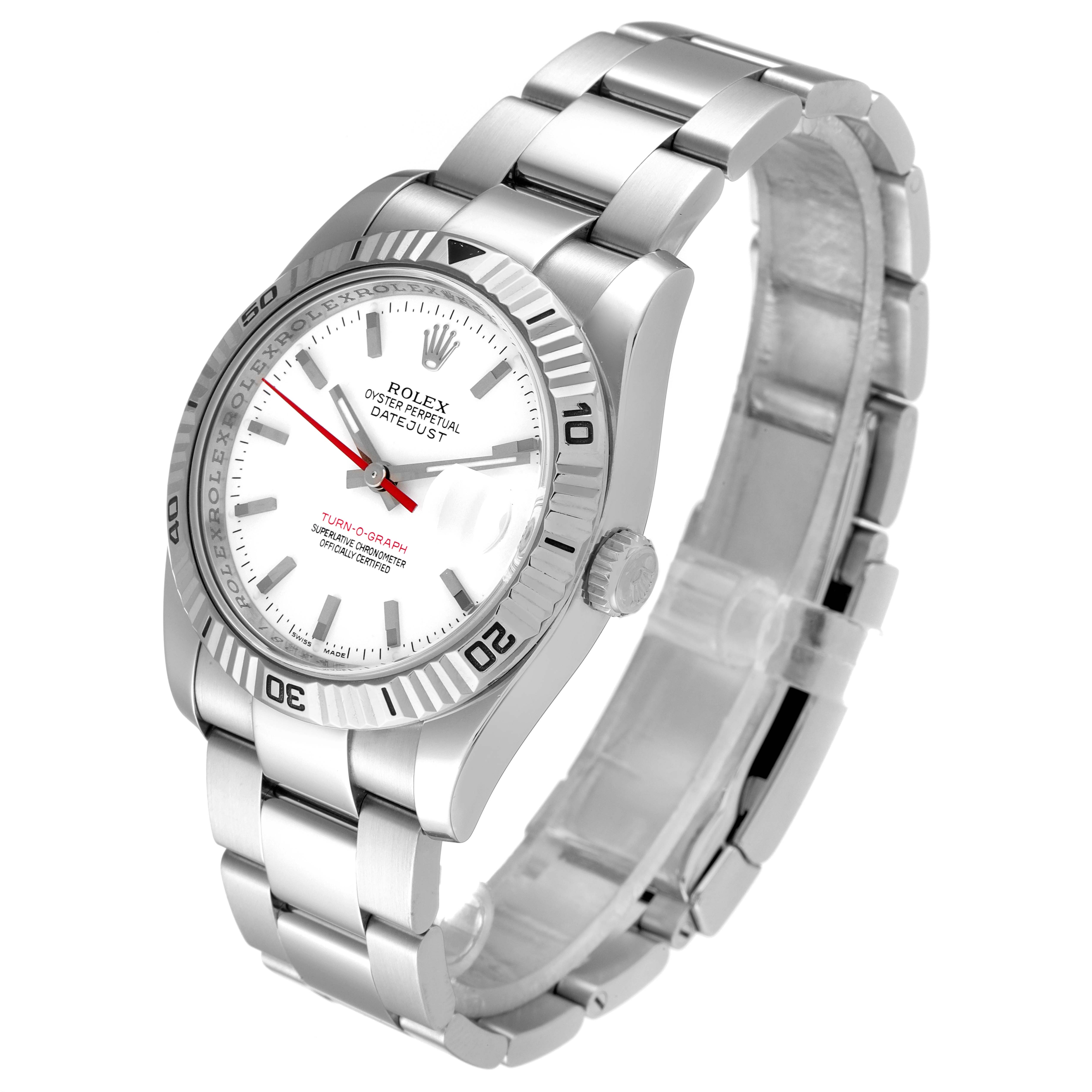The image shows a Rolex Turn-o-Graph 116264 Men
s Stainless Steel White Dial 116264 Men
s Stainless Steel White Dial watch at a slight angle, displaying its face, bezel, crown, and metal bracelet.