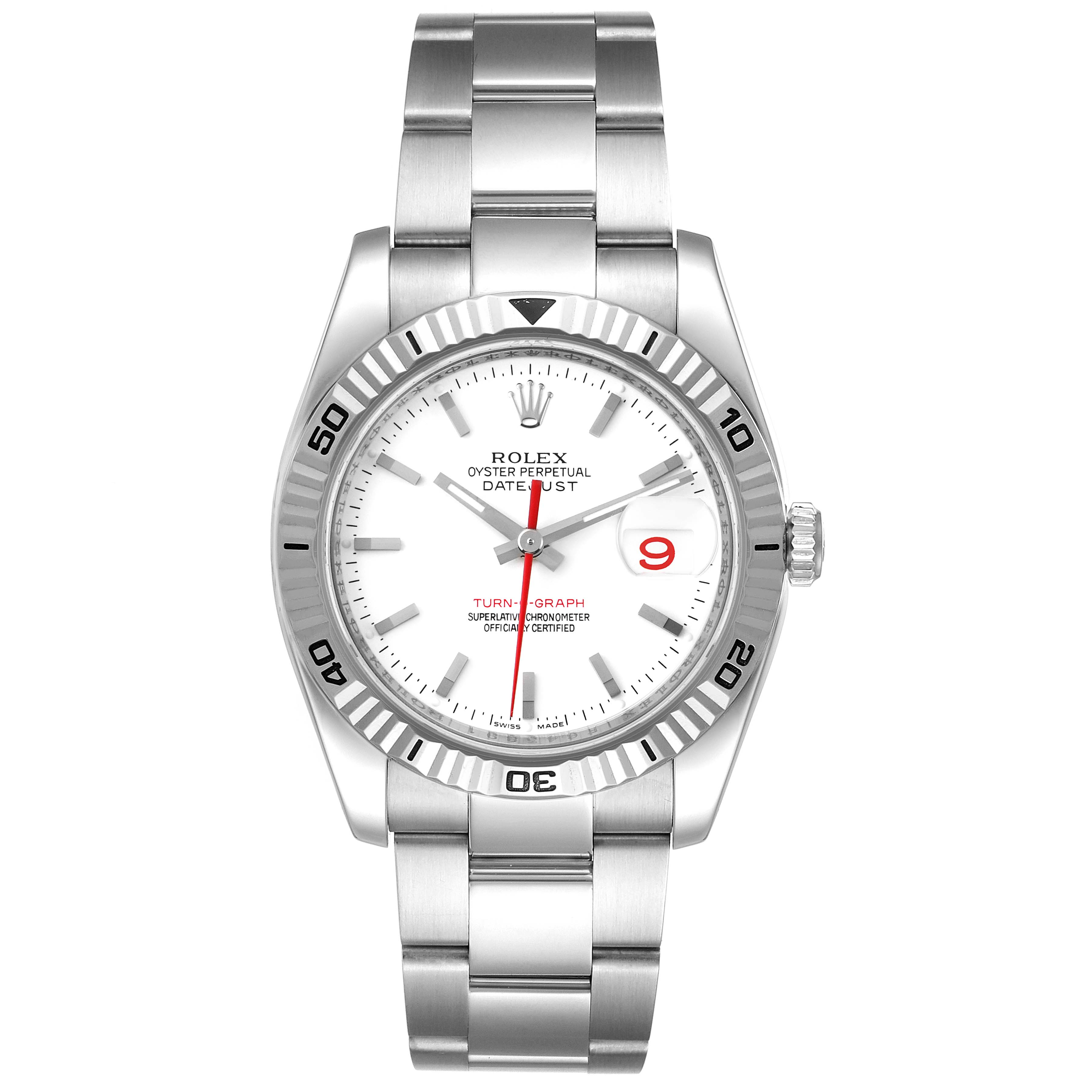 This image shows a front view of the Rolex Turn-o-Graph 116264 Men
s Stainless Steel White Dial 116264 Men
s Stainless Steel White Dial watch, displaying its dial, bezel, and bracelet.
