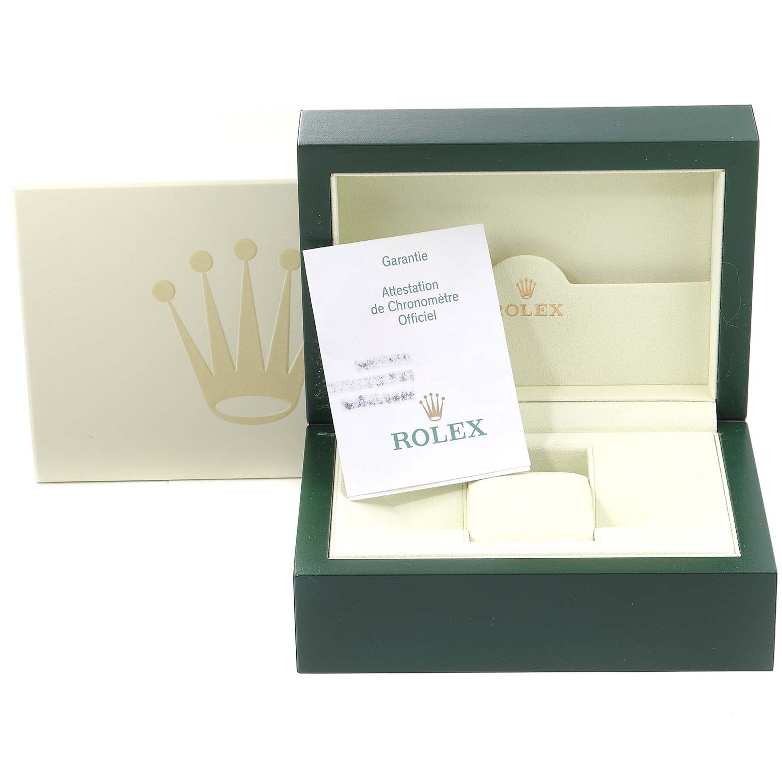 The image shows the open box and certificate of a Rolex Turn-o-Graph 116264 Men
s Stainless Steel White Dial 116264 Men
s Stainless Steel White Dial watch.