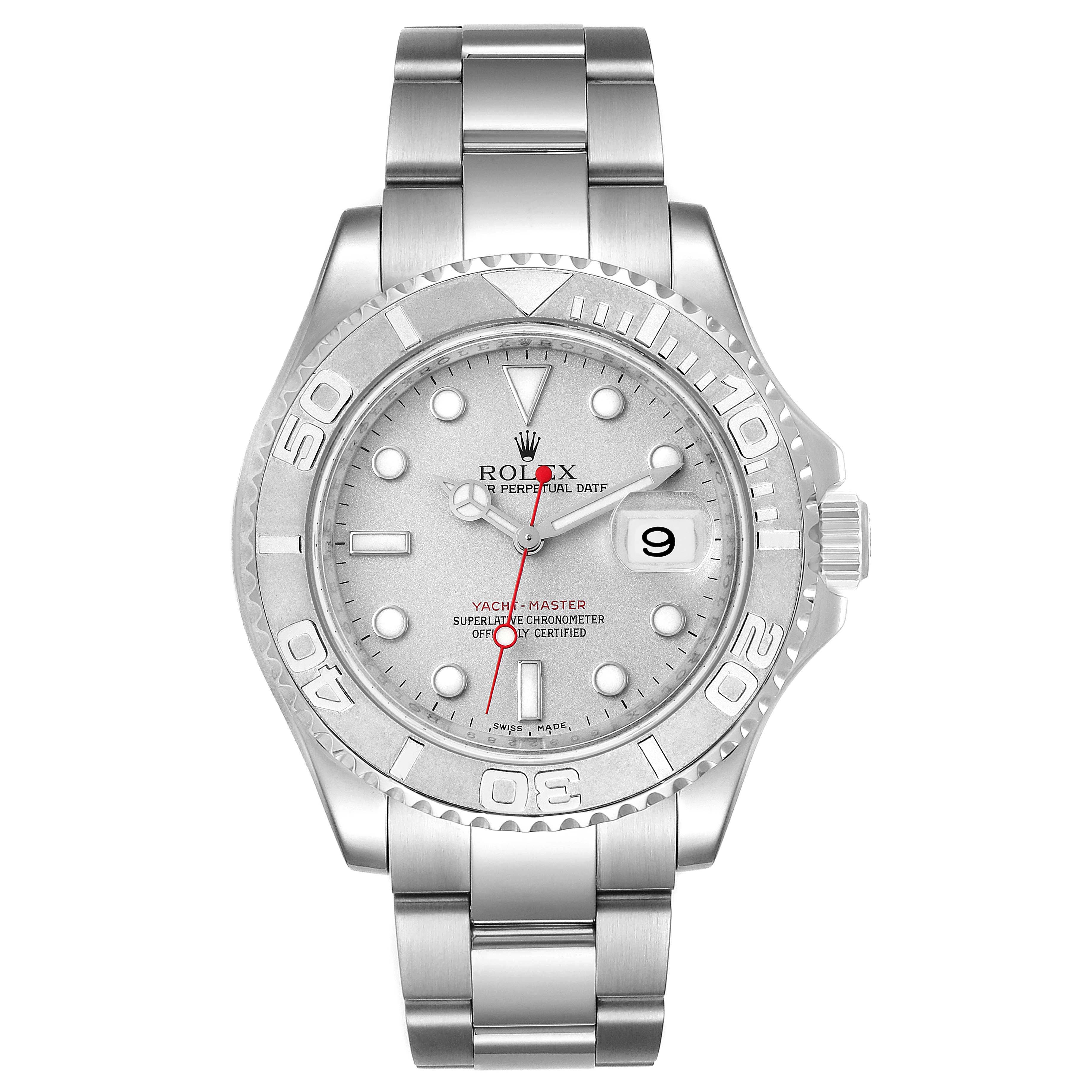 The image shows a front view of the Rolex Yacht-Master 16622 Men
s Stainless Steel Silver Dial 16622 Men
s Stainless Steel Silver Dial watch, displaying its dial, bezel, and bracelet.