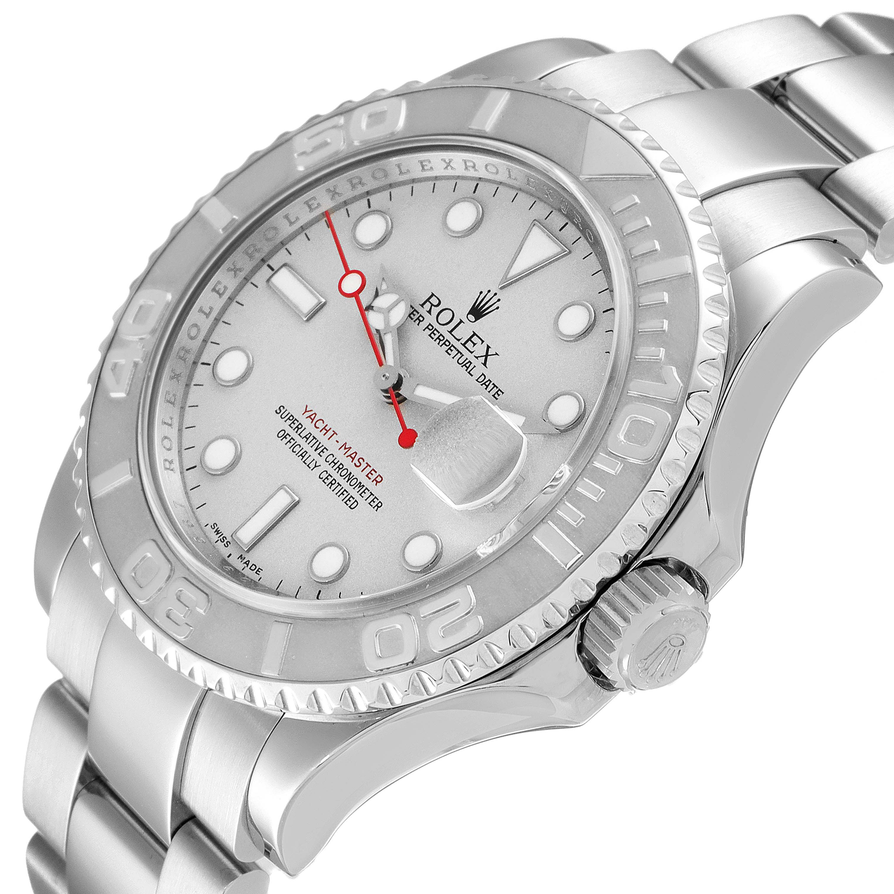 The image shows a close-up of the Rolex Yacht-Master 16622 Men
s Stainless Steel Silver Dial 16622 Men
s Stainless Steel Silver Dial watch, highlighting its face, bezel, and part of the bracelet.