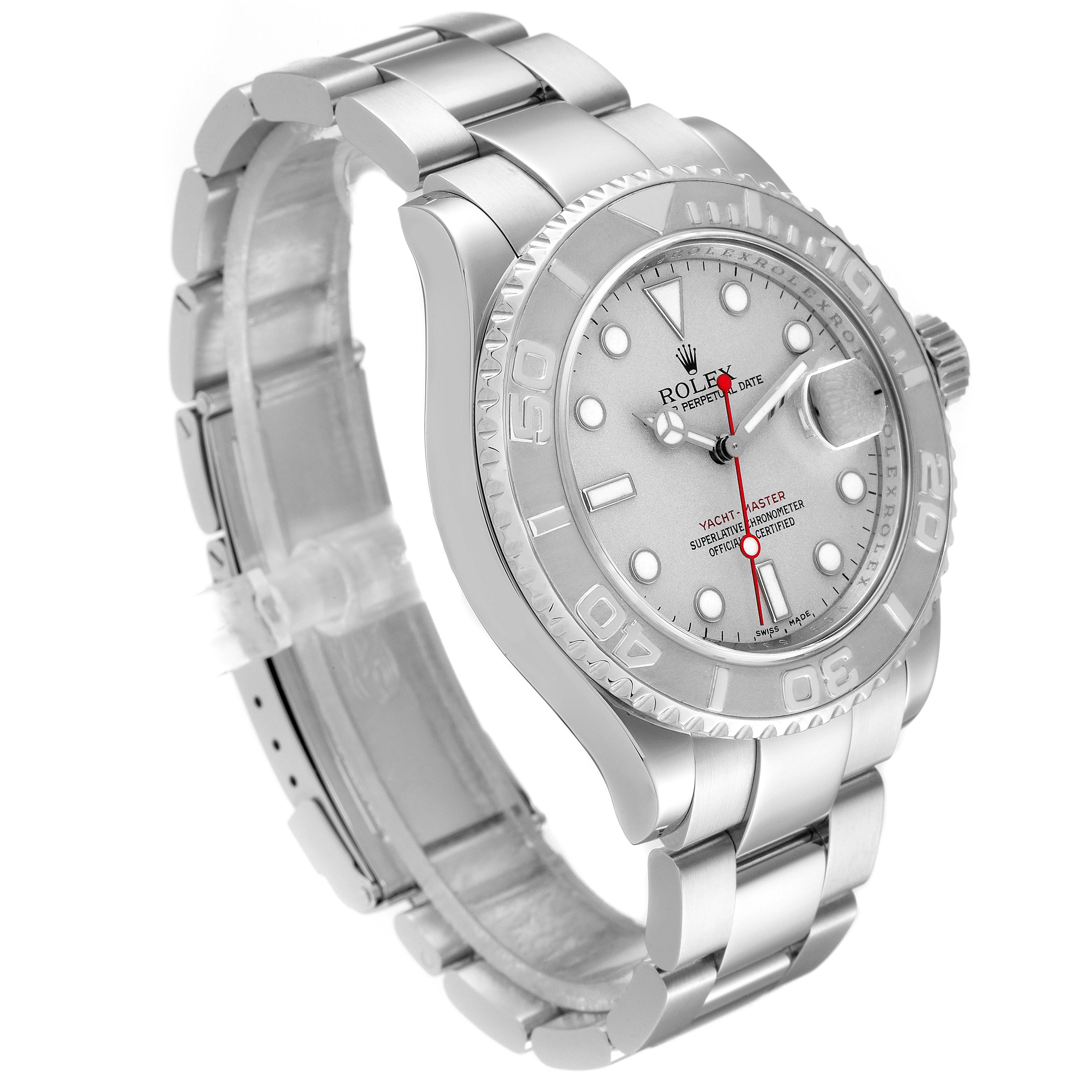 The image shows a three-quarter view of the Rolex Yacht-Master 16622 Men
s Stainless Steel Silver Dial 16622 Men
s Stainless Steel Silver Dial watch, highlighting the watch face, bezel, and bracelet.