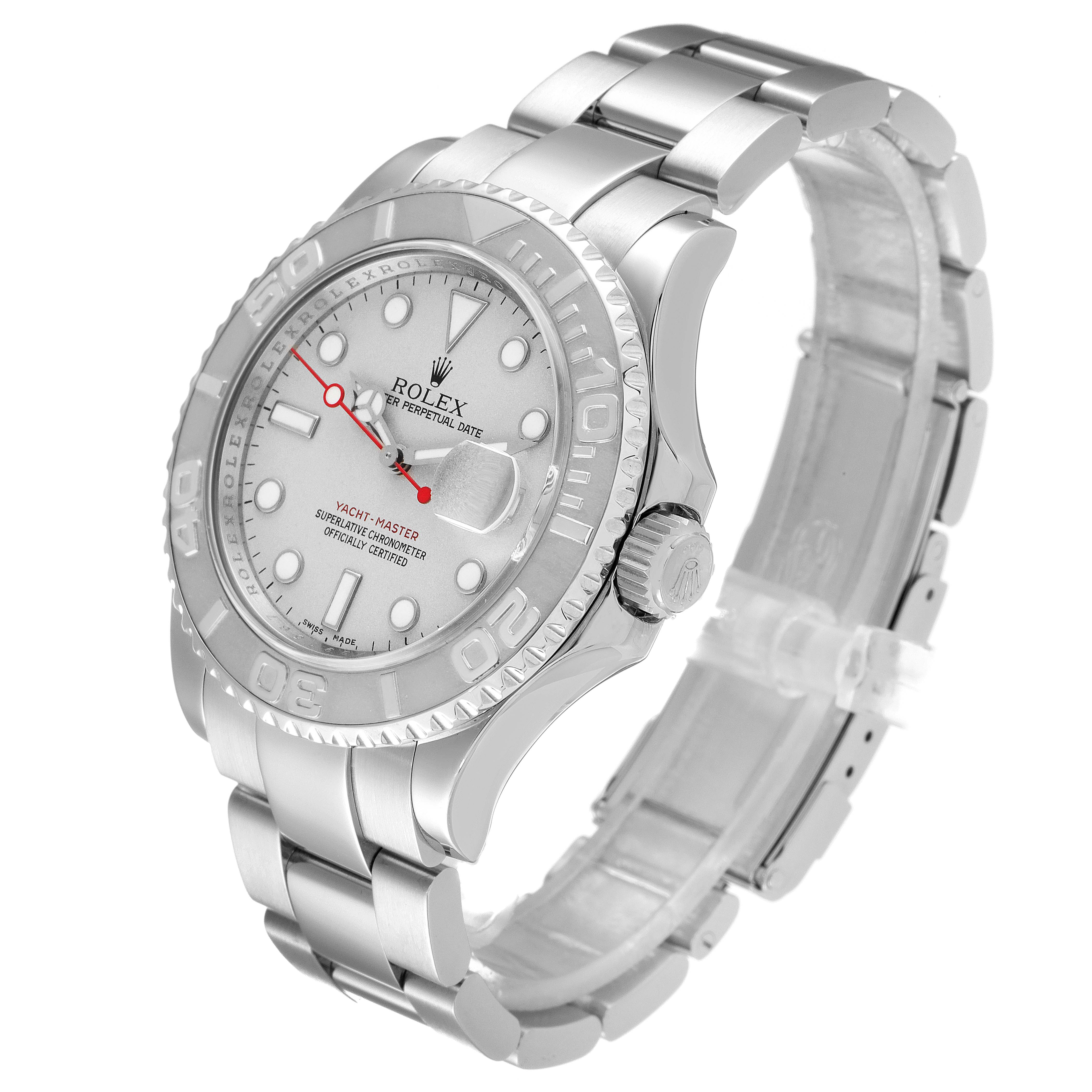 This Rolex Yacht-Master 16622 Men
s Stainless Steel Silver Dial 16622 Men
s Stainless Steel Silver Dial watch is shown at an angle highlighting the dial, bezel, crown, and bracelet.