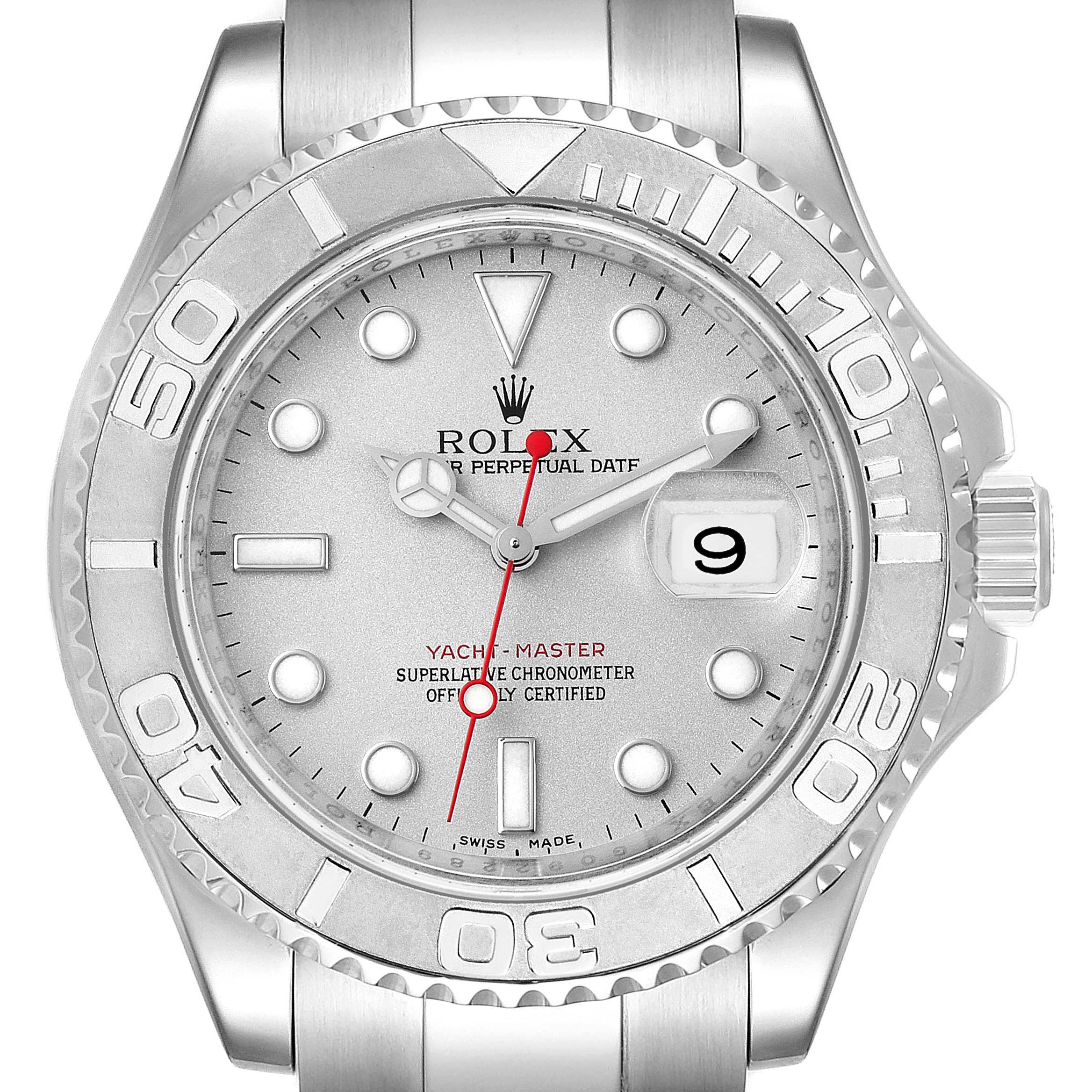 This image depicts a front view of a Rolex Yacht-Master 16622 Men
s Stainless Steel Silver Dial 16622 Men
s Stainless Steel Silver Dial watch, showcasing its dial, bezel, and bracelet.