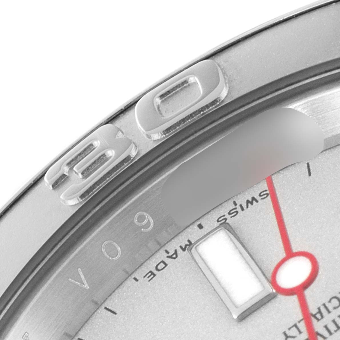 Close-up of a Rolex Yacht-Master 16622 Men
s Stainless Steel Silver Dial 16622 Men
s Stainless Steel Silver Dial watch showing part of the bezel, part of the dial, and hour marker.