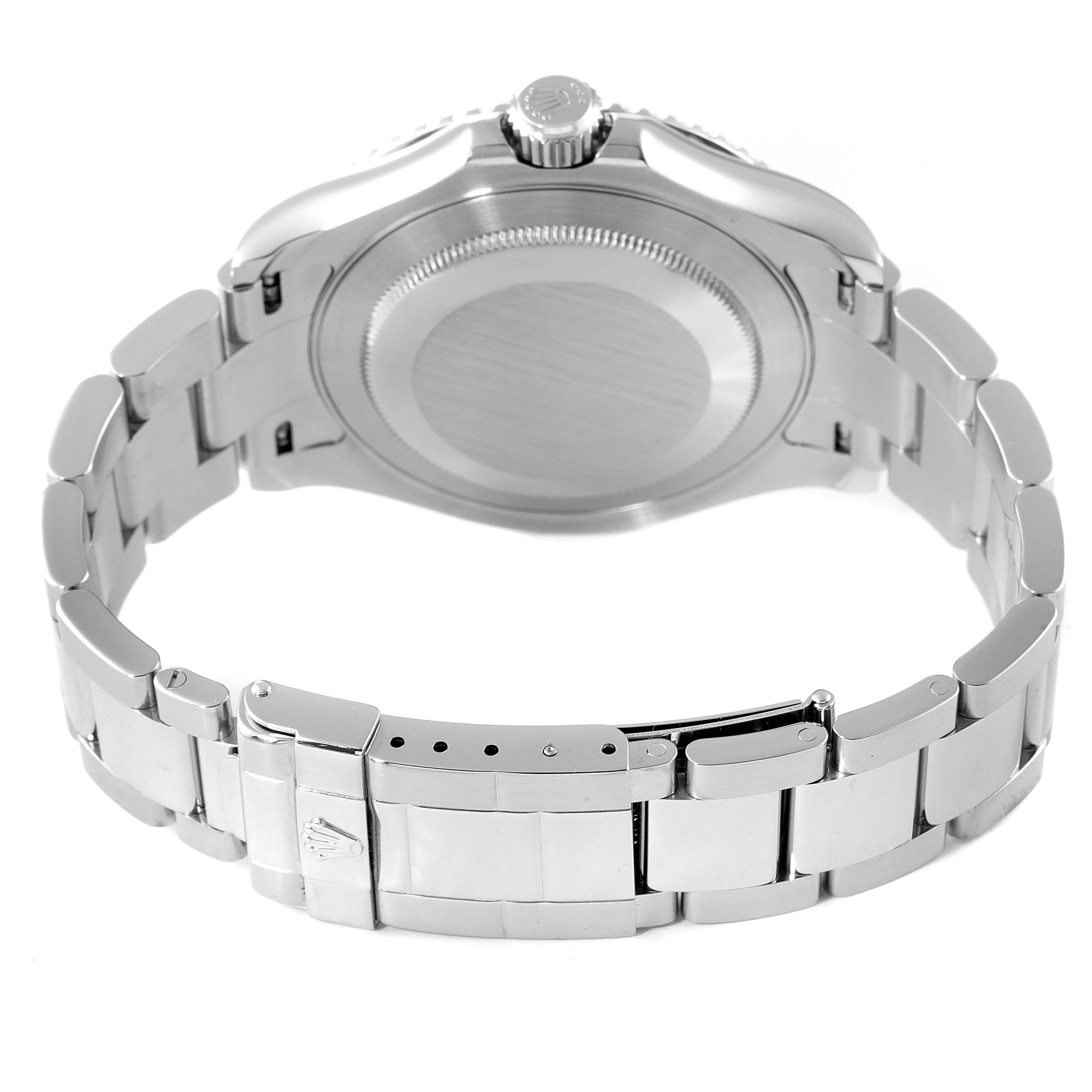 This image shows the back view of the Rolex Yacht-Master 16622 Men
s Stainless Steel Silver Dial 16622 Men
s Stainless Steel Silver Dial watch, focusing on the case back and stainless steel bracelet.